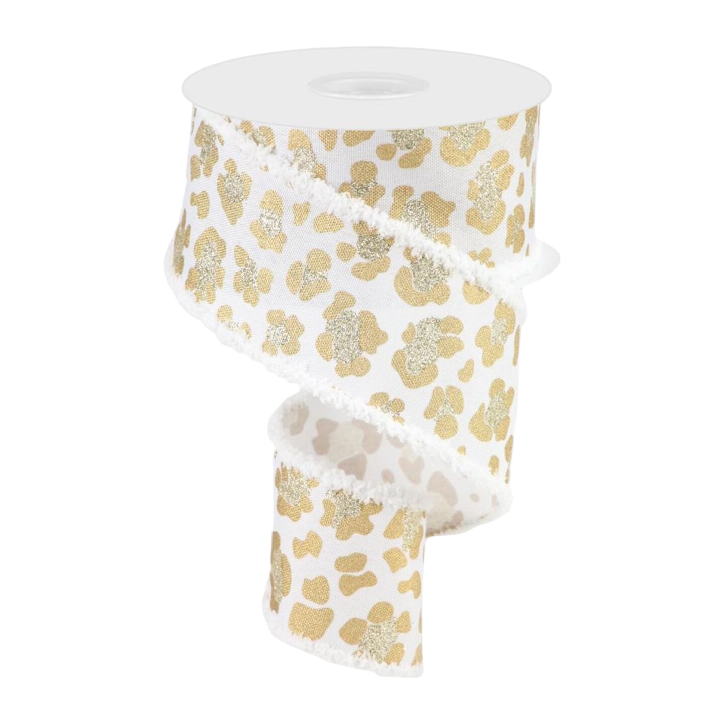 RG Ribbon: 2.5" Leopard Print Wired Glitter Ribbon with Metallic Spots and Drift Edges, 10 Yards - White, Gold - For Bows, Wreaths, Crafts, and Decorations