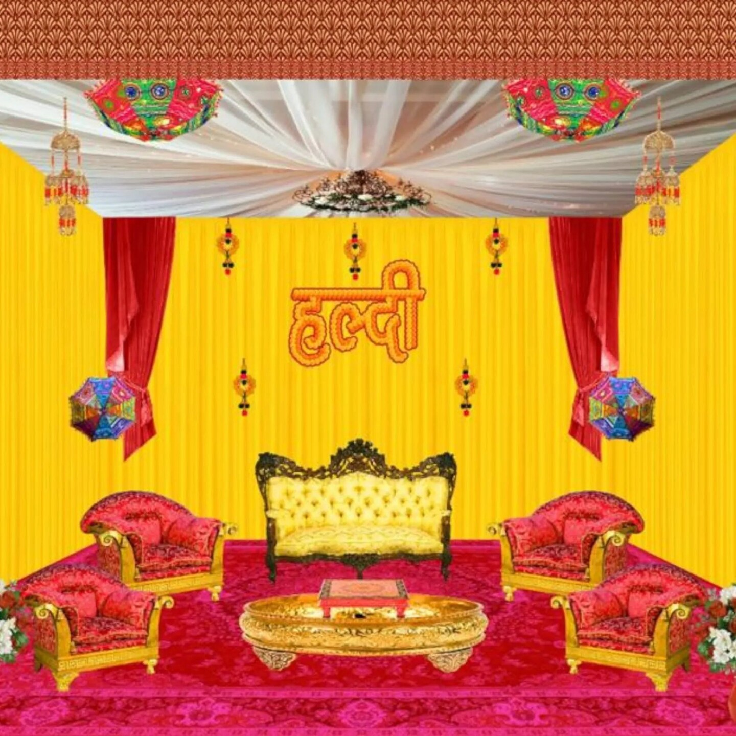 Haldi Ceremony Backdrop Indian Traditional Cloth 5x8 Feet Backdrop Haldi Banner Indian Wall Art Photo Decor Banner Indian Wedding Backdrop Decorative Cloth Haldi Stage Decor