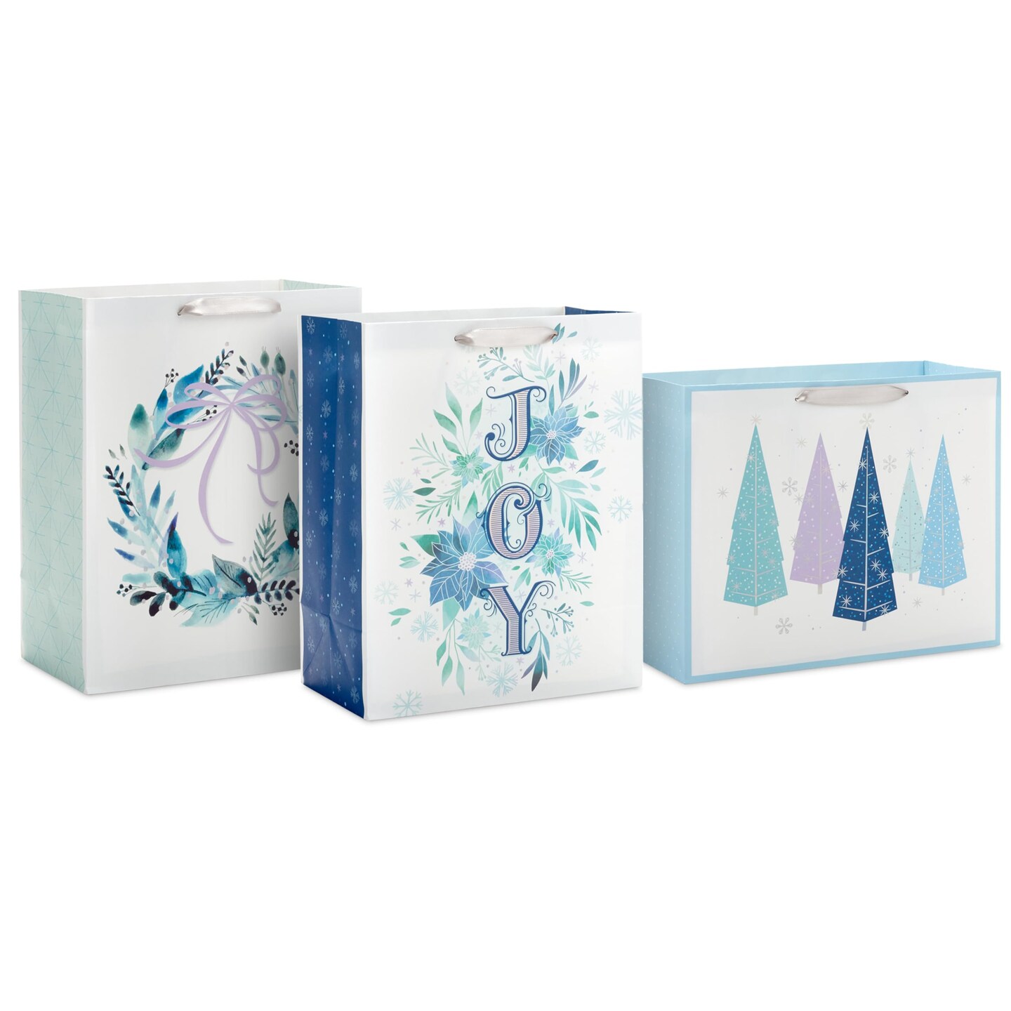 13" Large Gift Bag Bundle (3 Bags: 2 Vertical, 1 Horizontal) Watercolor Winter Wreath, Trees, Joy in Lavender, Sage Green, Light Blue, Silver
