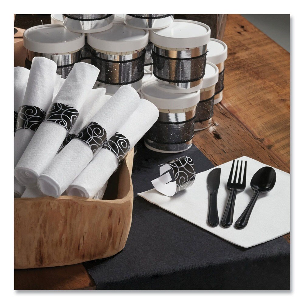 Hoffmaster CaterWrap Heavyweight Plastic Fork/Knife/Napkin/Spoon Cutlery Combo Kit - Black (100/Carton)
