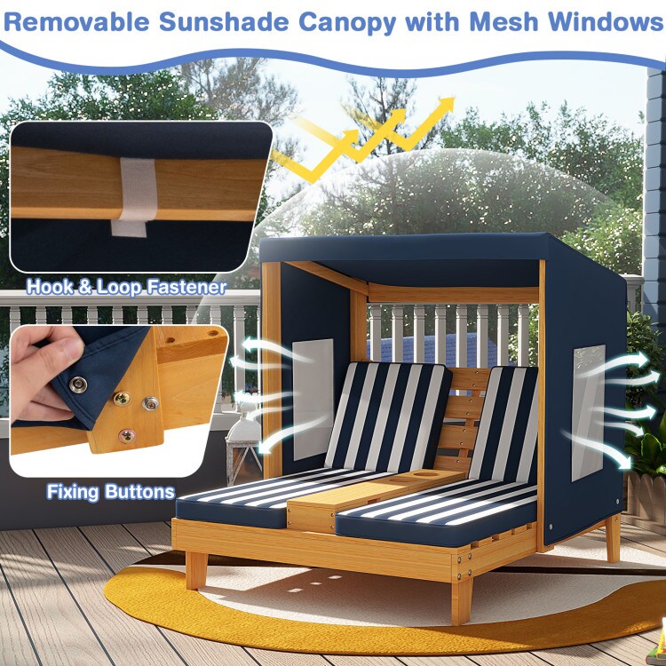 Children’s Patio Lounge Chair with Awning and Cup Holders for Garden