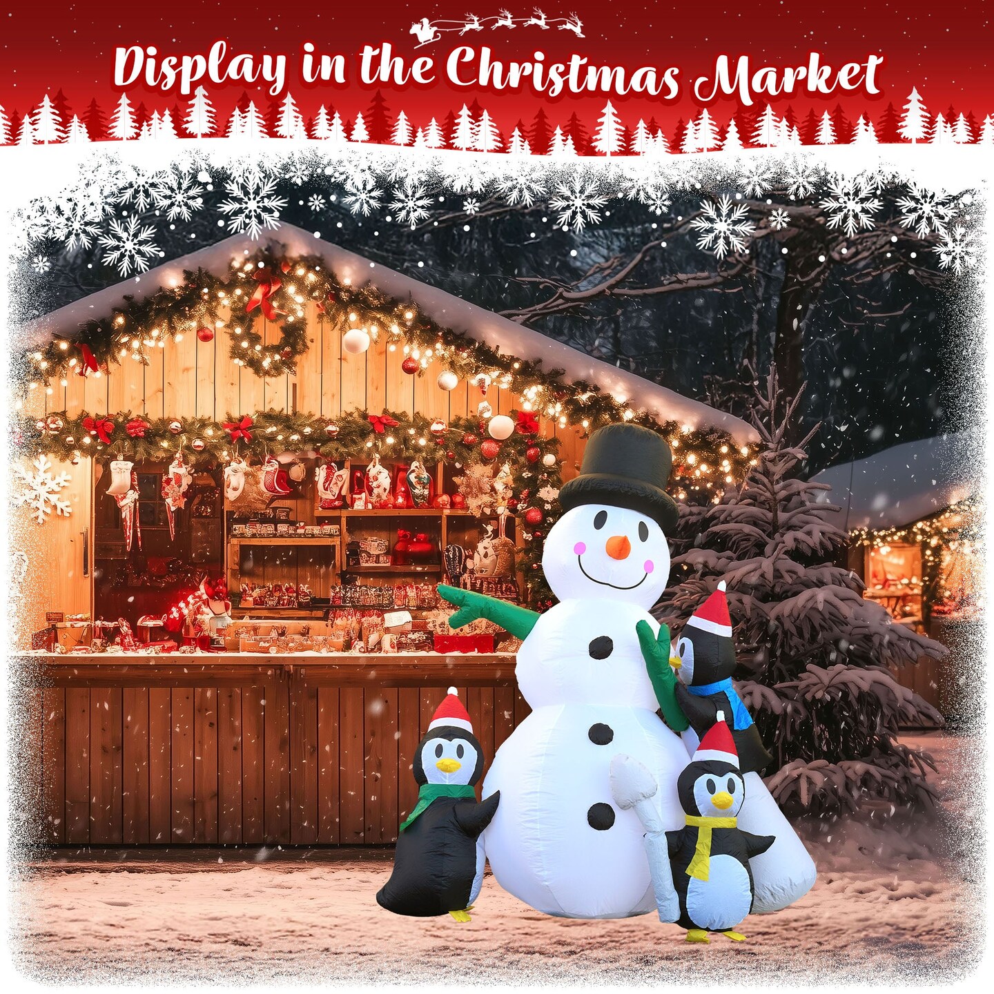 G128 8 ft H Snowman with Three Penguins Christmas Inflatable Decor with LED Lights, Christmas Outdoor Holiday Yard Decoration, Fast Inflate, Weather-Resistant, Outdoor Use