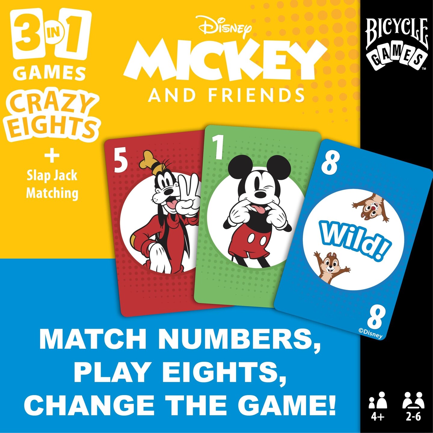 Bicycle Disney Mickey and Friends 3-in-1 Card Games, Matching, Crazy Eights & Slap Jack, Featuring Mickey Mouse, Donald Duck & Goofy, Kids Card Games Ages 4+, Family Games for 2-6 Players