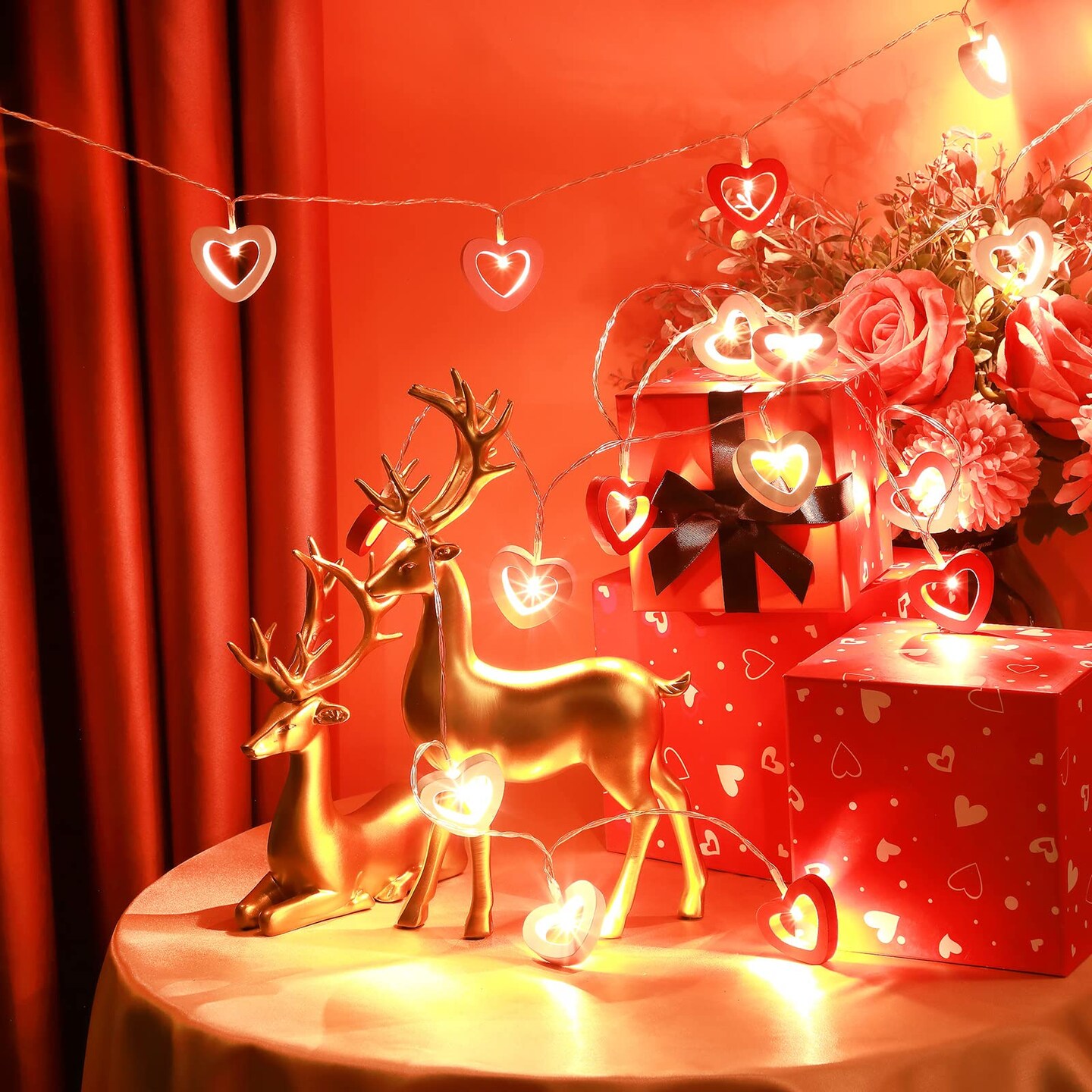 Valentine's Day Wooden Heart String Lights LED Fairy Hanging Love Lights Lamp Battery Operated Valentine's Day Decoration for Bedroom Festival Birthday Wedding(Red White Pink,20 Lights)