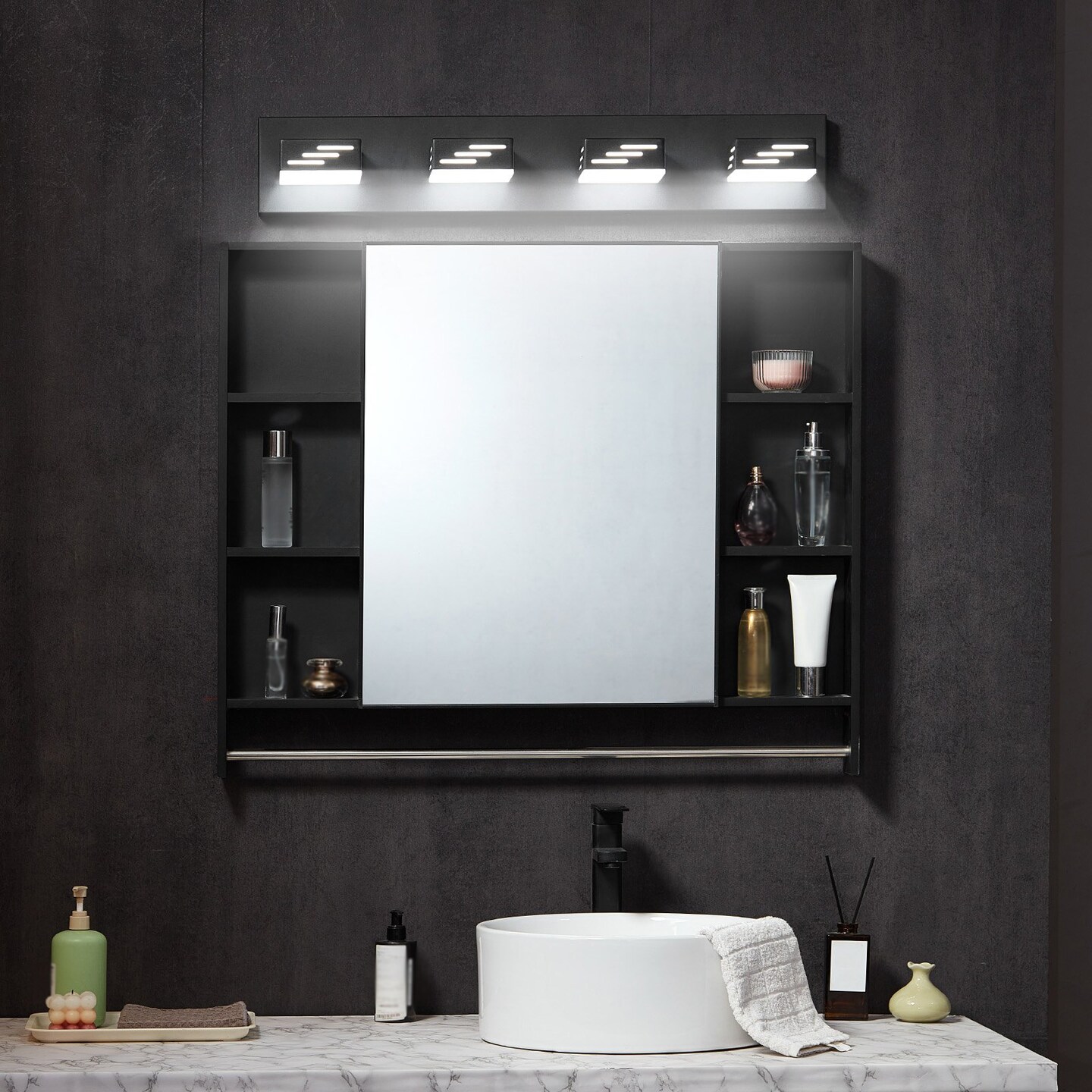 4-Light Black LED Bathroom Vanity Light Fixture, 32W Modern Waterproof Wall Sconce with 360° Rotatable Heads