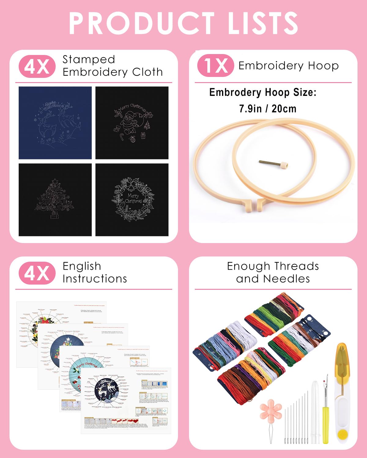 Christmas Embroidery Kit for Adult, 4 Pack Embroidery DIY Starter Kit, with Stamped Patterns, Hoop, Tools, Colorful Threads with Needles, Instructions