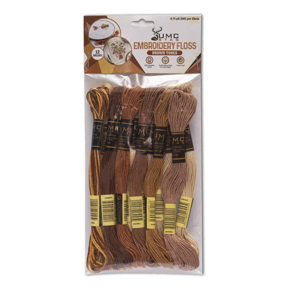 12 Pieces | Premium Embroidery Thread | 100% Egyptian Cotton Premium Skeins | Cross Stitch Embroidery Floss | Oeko TEX Certified Stranded Cotton (Brown Tones)