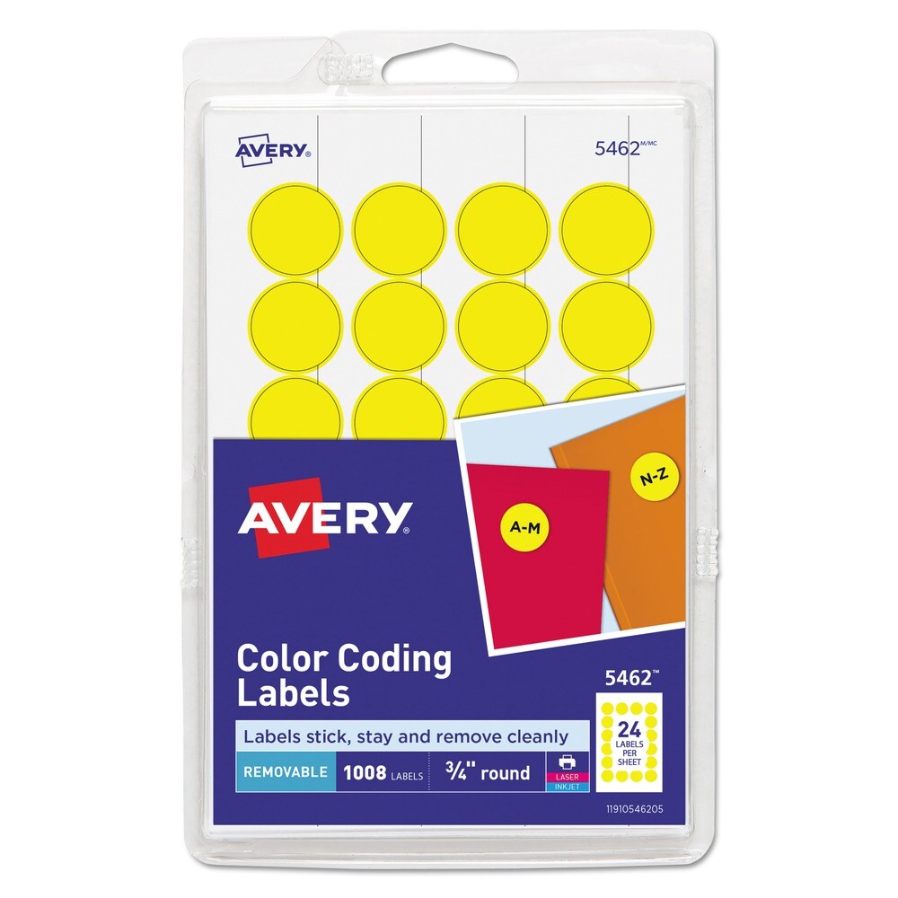 Avery 0.75 in. Diameter Printable Self-Adhesive Removable Color-Coding Labels - Yellow (24/Sheet, 42 Sheets/Pack)