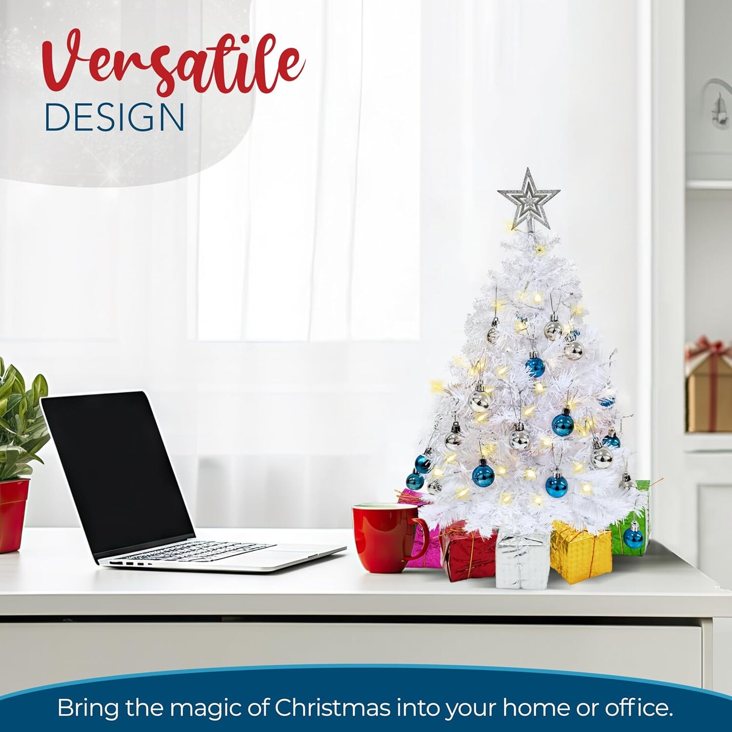 4E's Novelty 23" Prelit Mini White Christmas Tree with Lights, Ornaments, Star Topper & Gift Boxes, Small Tabletop Holiday Tree for Home Bedroom Office Decor