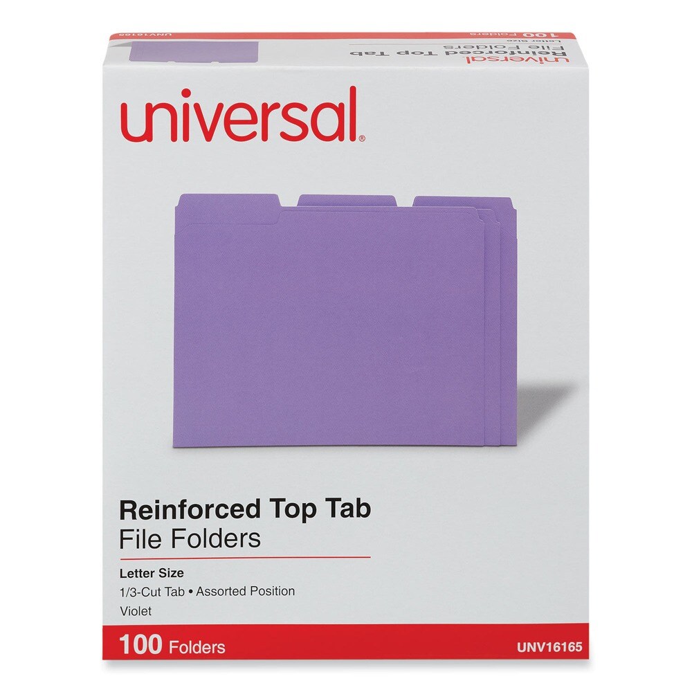 Universal Reinforced 1/3-Cut Assorted Top-Tab File Folders - Letter Size, Violet (100/Box)