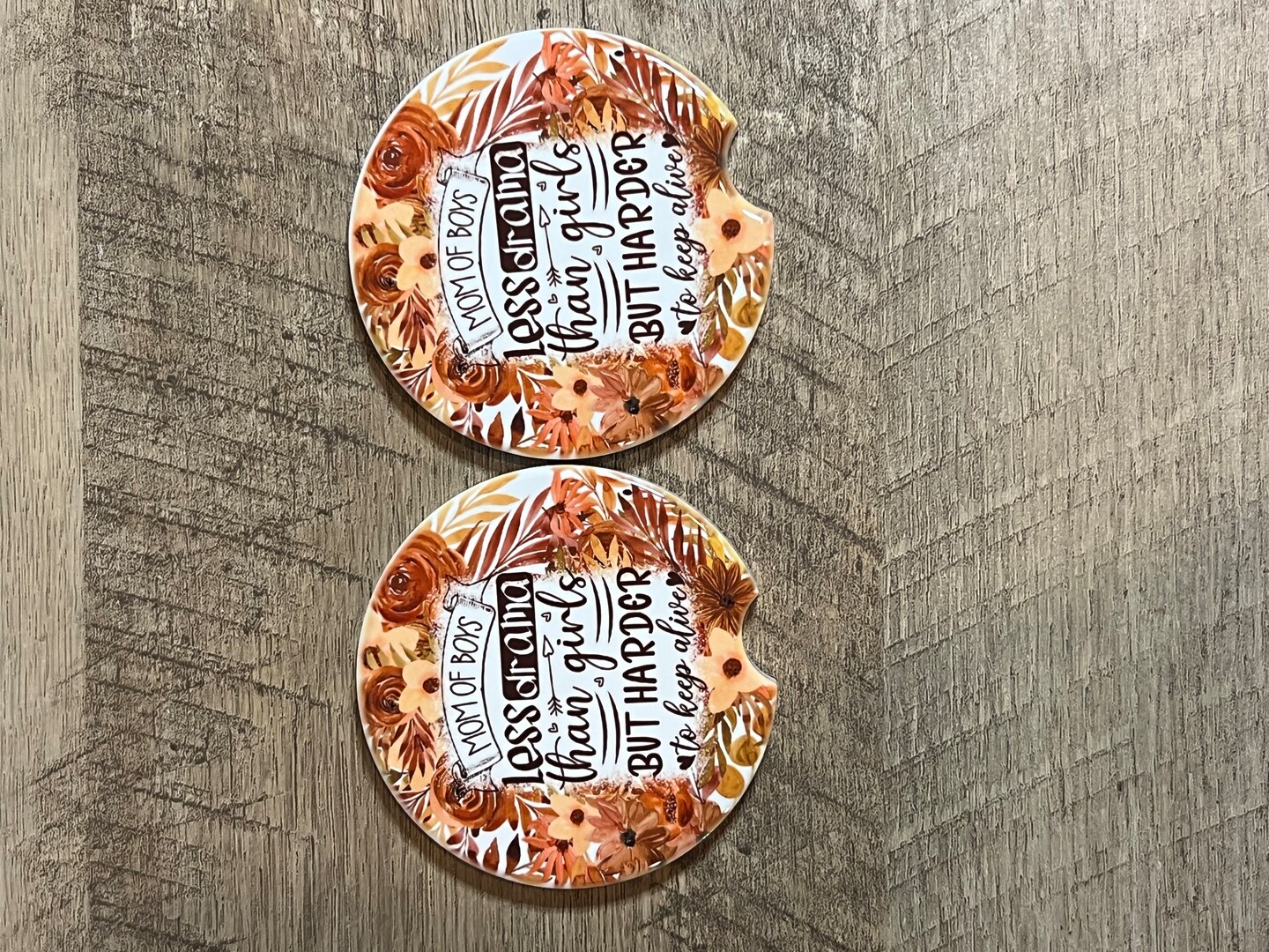 Mom of Boys Ceramic Car Coaster Set – Funny Quote Auto Cup Holder Coasters  with Floral Rustic Design – Absorbent, Durable, Gift for Boy Moms | ..., image size:1080x810