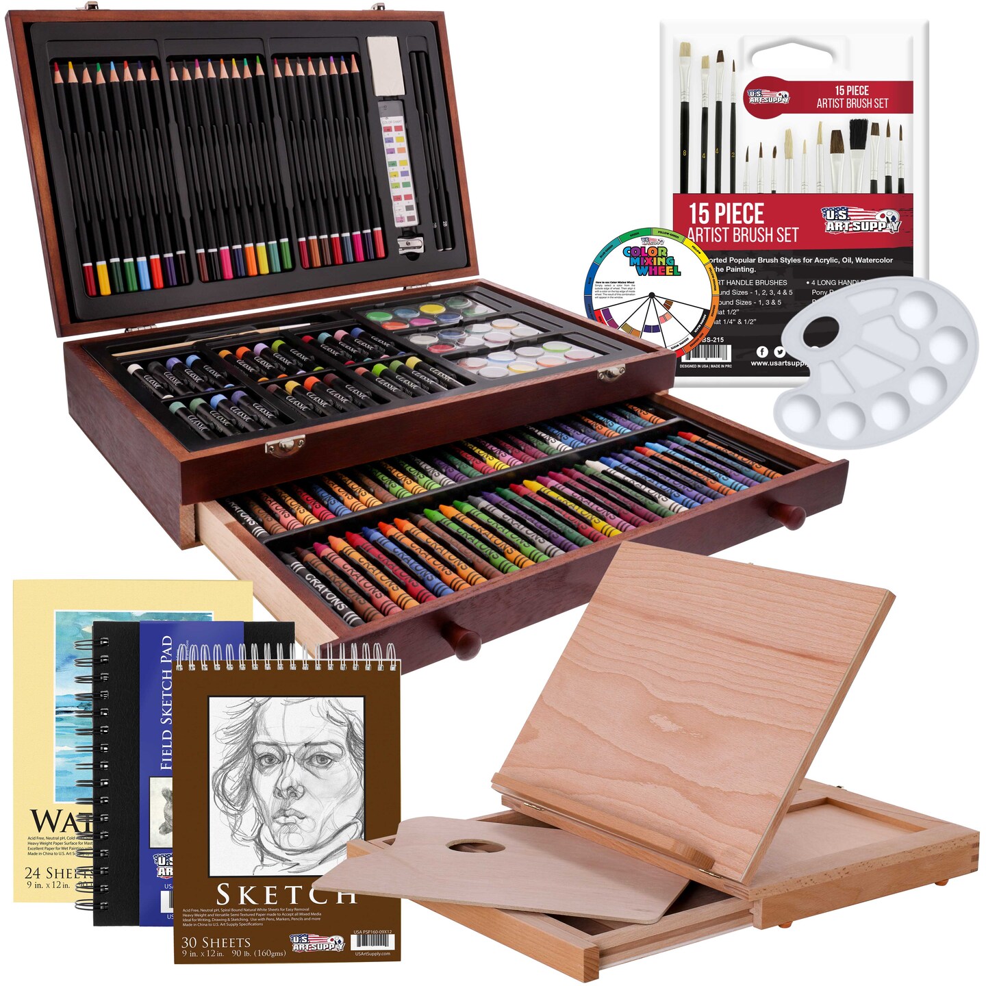U.S. Art Supply 163-Piece Mega Wood Box Artist Kit with Easel, Painting, Drawing &#x26; Art Supplies for Adults - Watercolors, Oil Pastels, Pencils, Crayons &#x26; Brushes - Art Kit for Adults, Gift Set