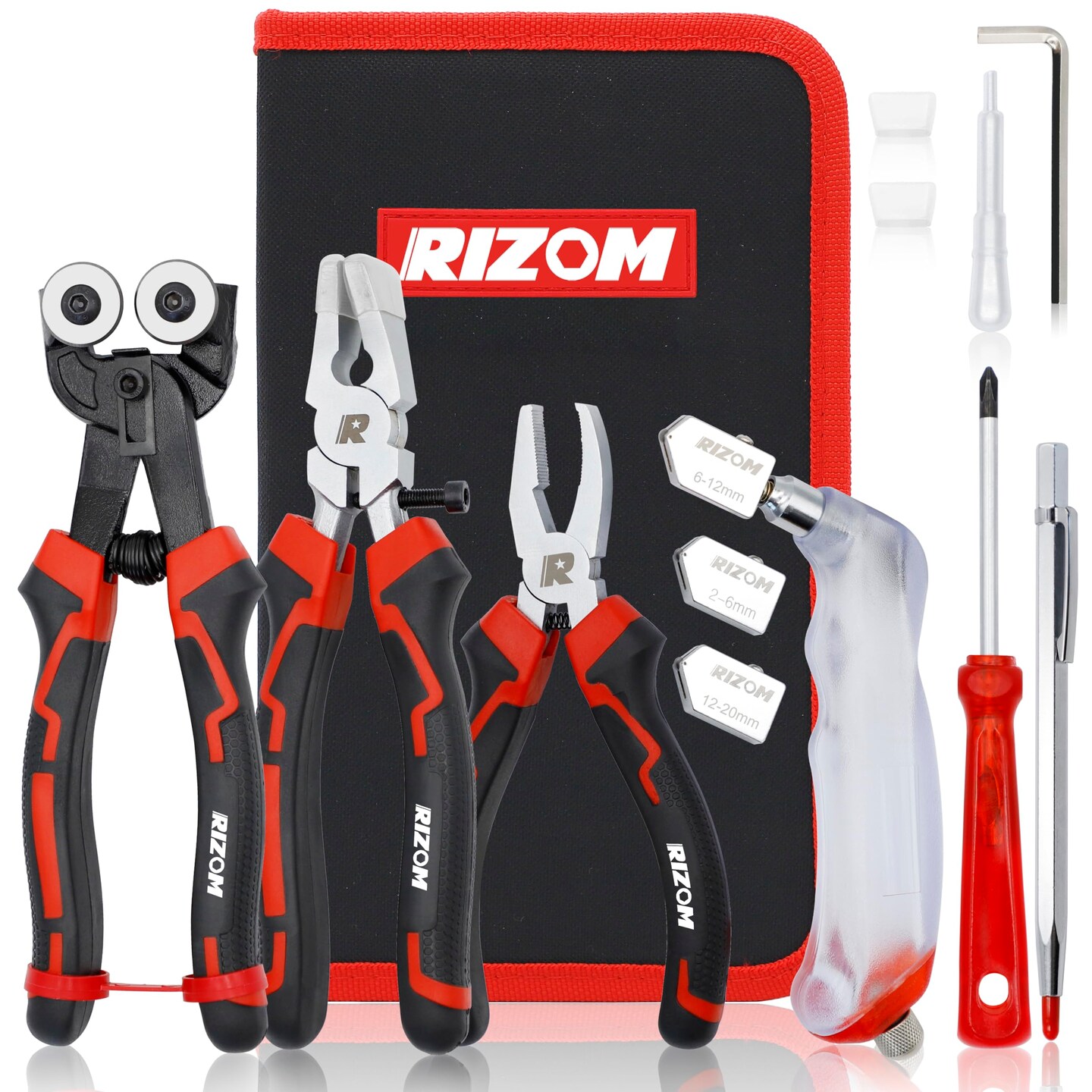 Glass Cutting Tool, Glass Cutter 2-20MM, 8" Tile Nippers, 8" Glass Running Pliers with Curved Jaws, 6" Breaker Grozer Pliers, Glass Cutter Kit for Stained Glass, Tiles, Mosaic Cutting
