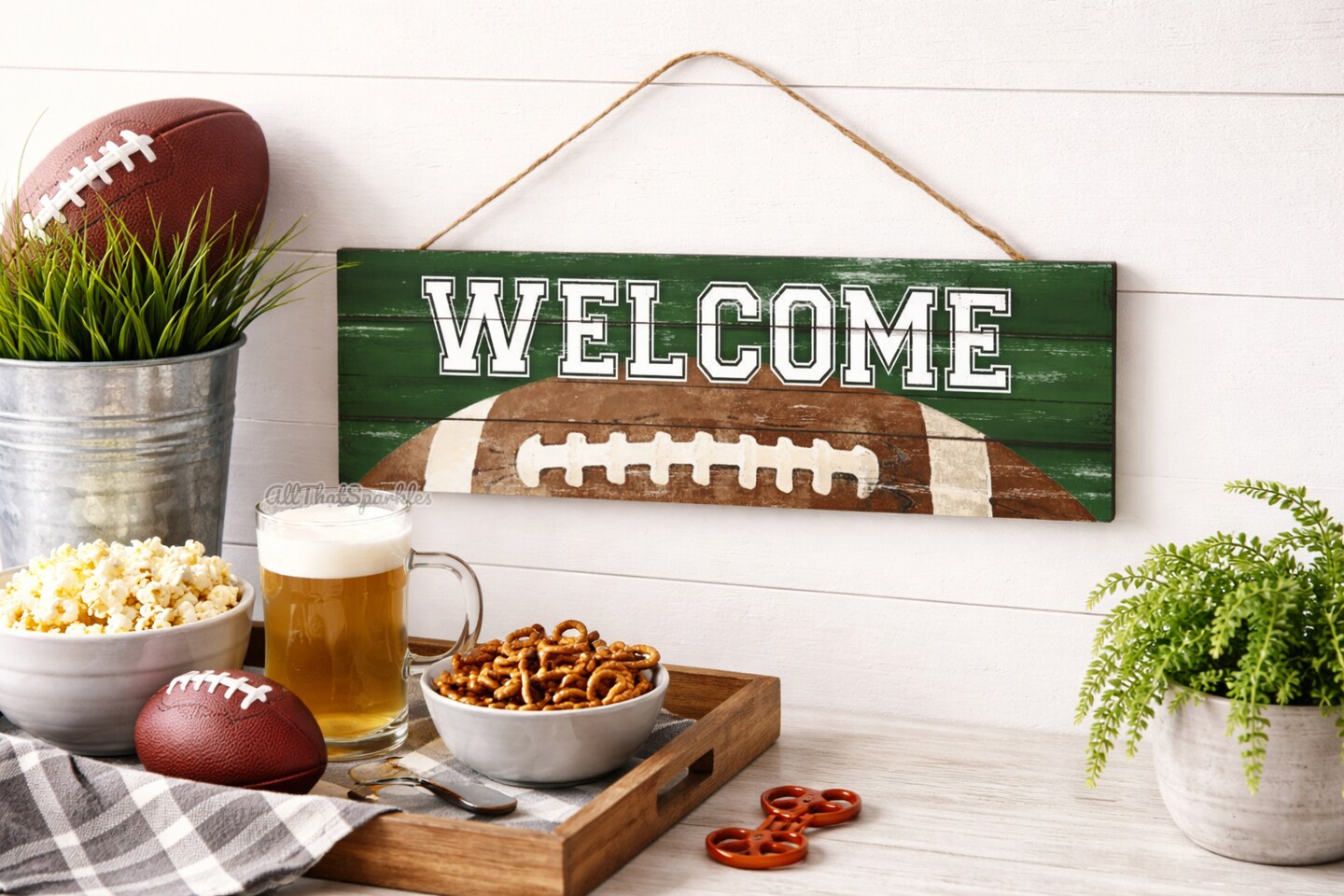 15" Football Welcome Wooden Door Hanger Sign - Green, Brown, Multi - For Walls, Wreath Accents, Crafts, and Decorations