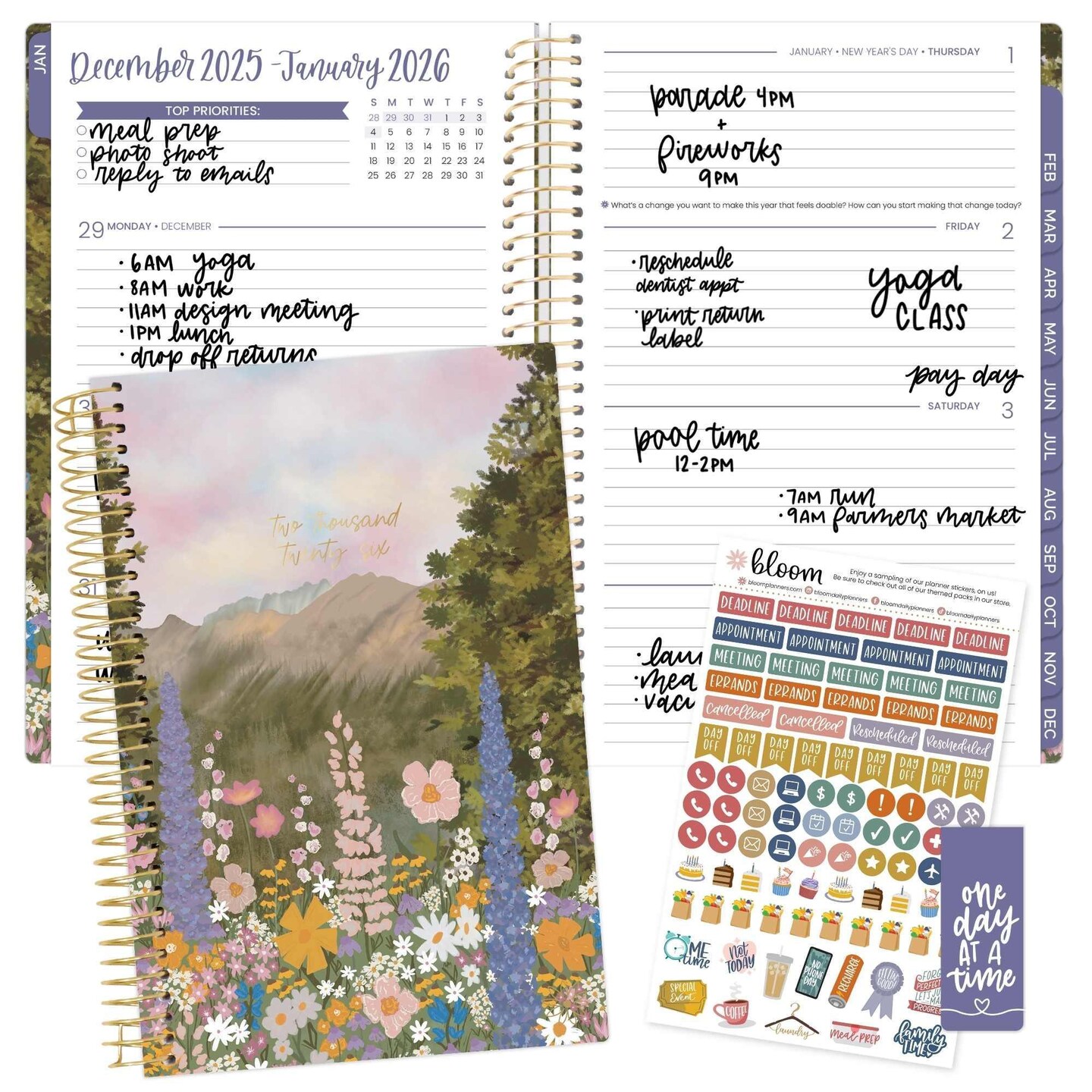 bloom daily planners 2026 Soft Cover Weekly & Monthly Planner, 5.5" x 8.25", Wildflower Mountainside