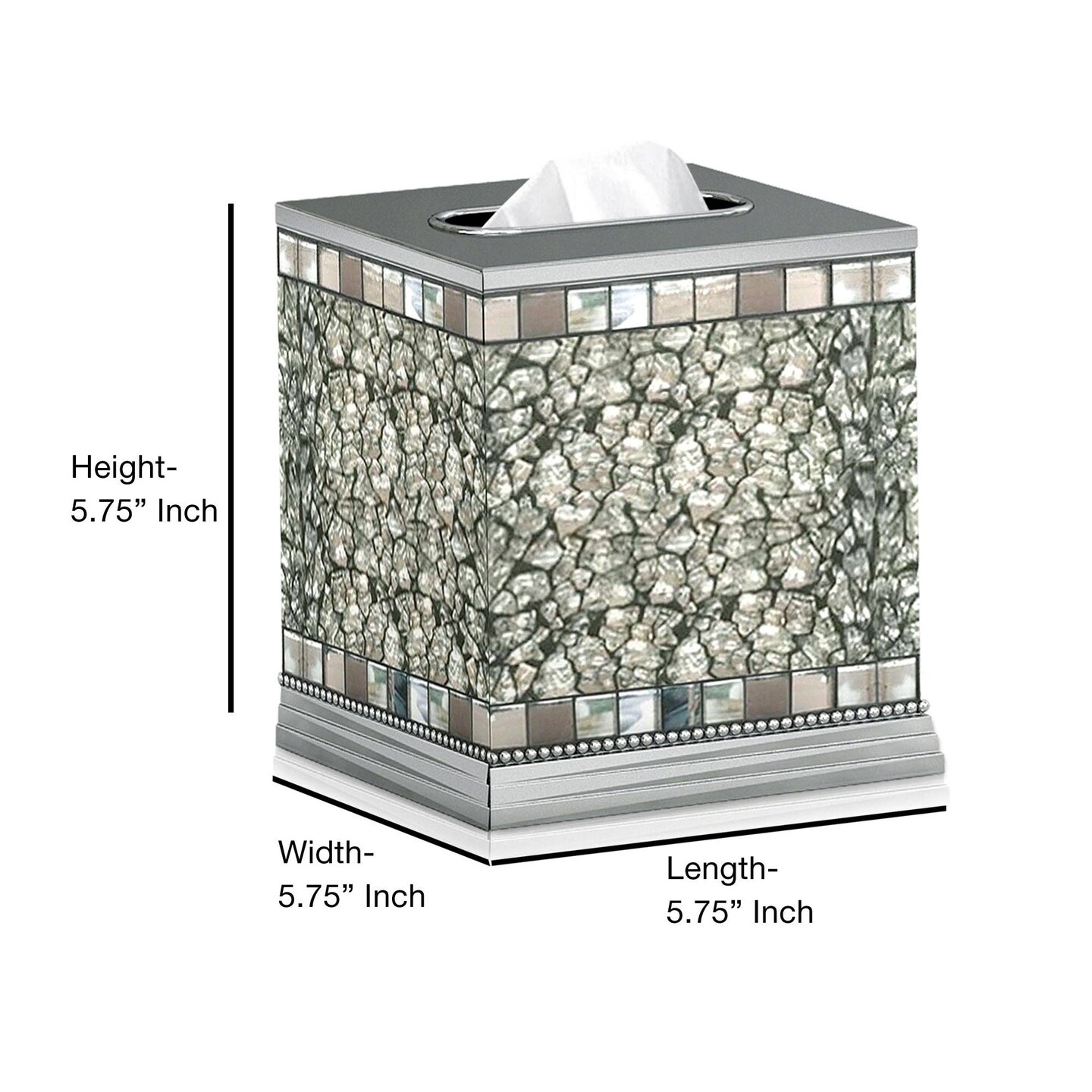 Stainless Steel Tissue Box Cover | Decorative Facial Tissue Box Holder with Glass Mosaic Ice Finish | Bathroom Vanity, Bedroom Dresser & Countertop