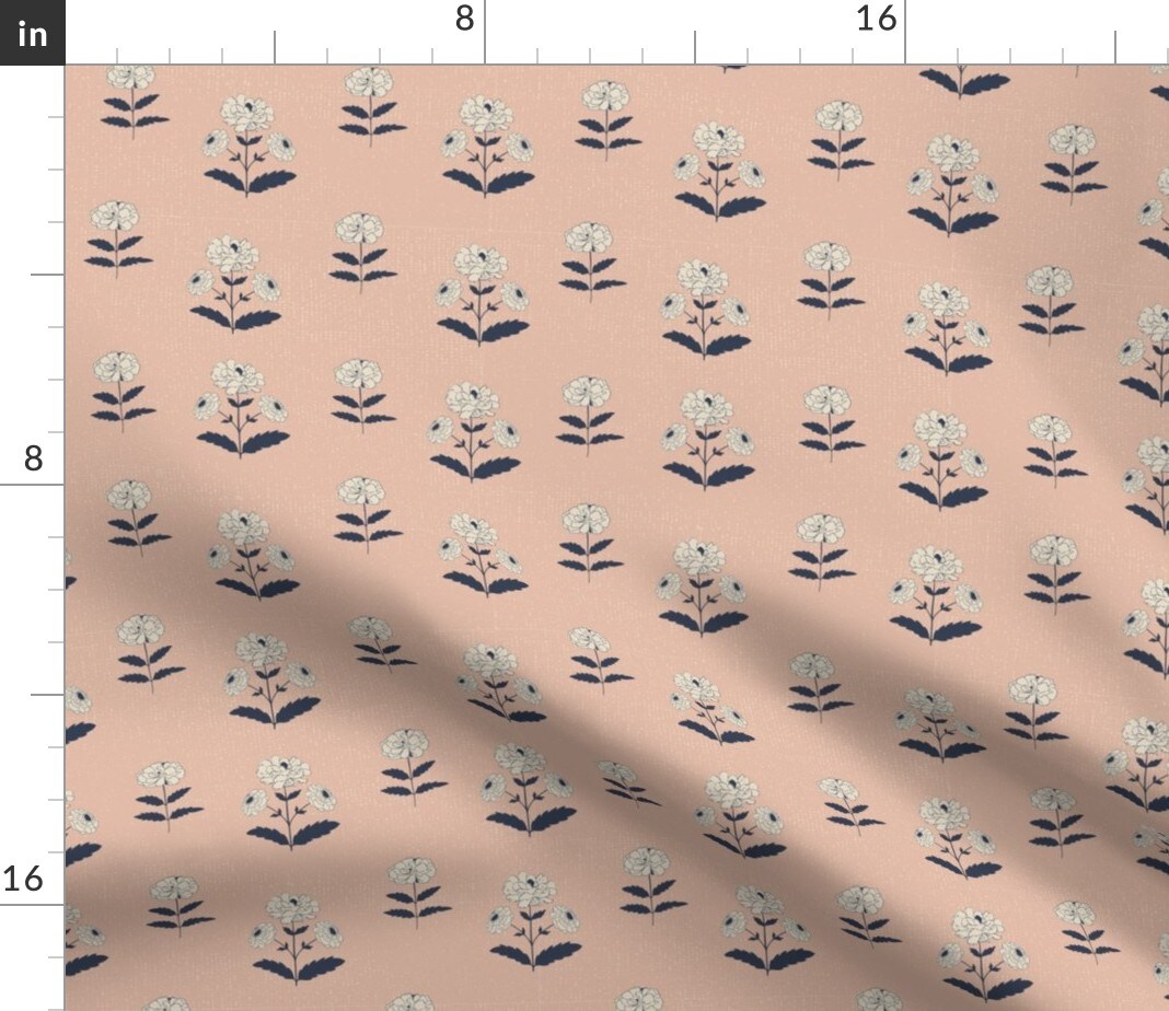 Block Print Flowers Boho Country Rustic Botanical Peach Pink Indigo Blue Custom Printed Fabric by Spoonflower Various Fabrics by the Yard or Fat Quarter