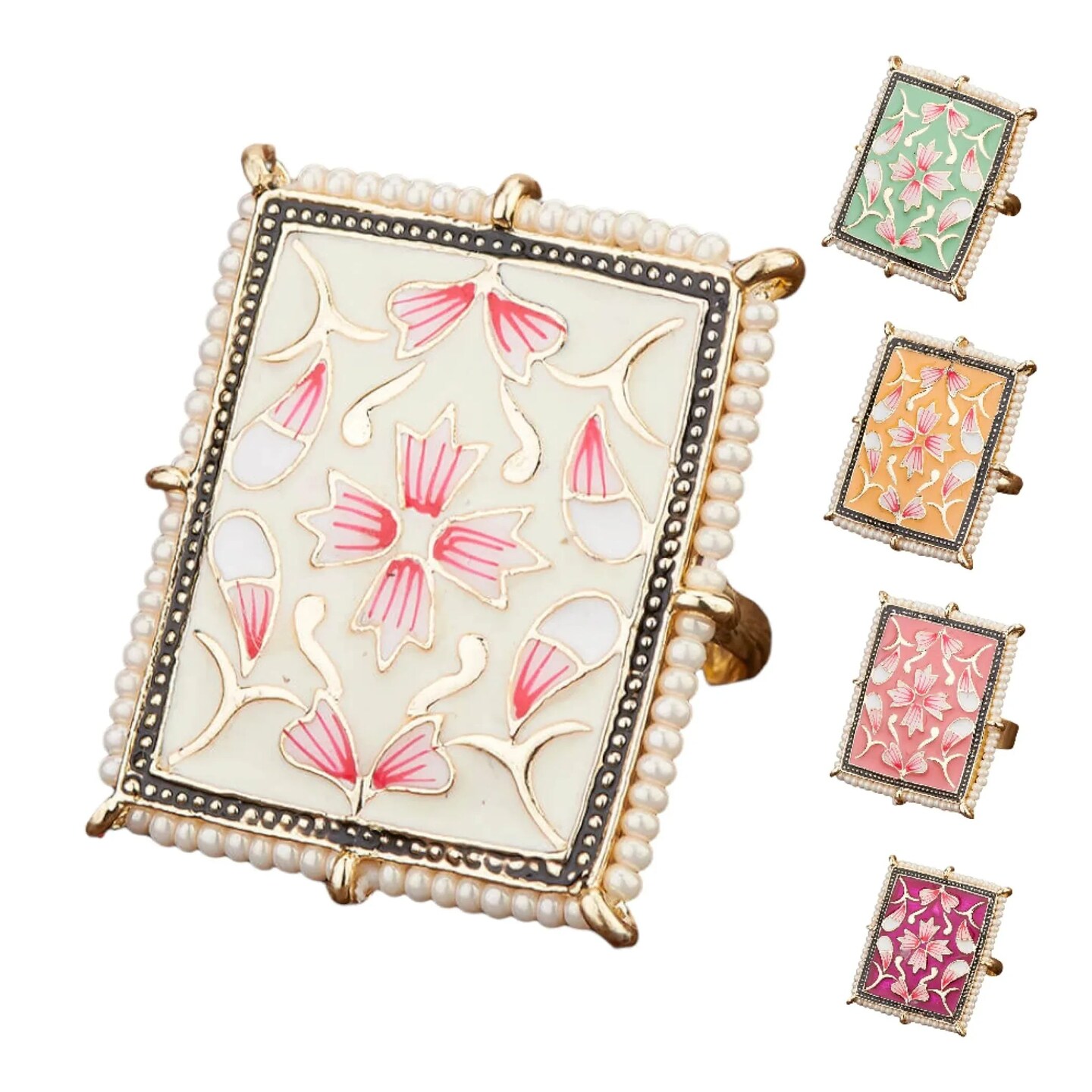 Classic Ring Meenakari Work Designer Adjustable Pearl Finger Ring for Women Minakari Ring with Gold Plating Statement Ring Boho Open Wrap Indian Bollywood Jewelry for Wedding Party