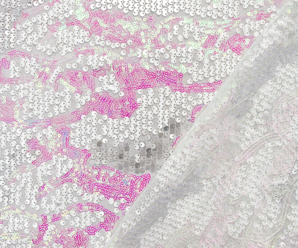 White-Silver-Iridescent Nylon-Poly Abstract Sequined Mesh Knit Fabric By the Yard
