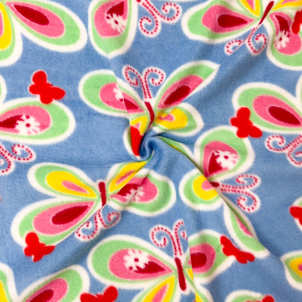 Blue-Green-Multi Polyester Butterfly Printed Polar Fleece Knit Fabric By the Yard
