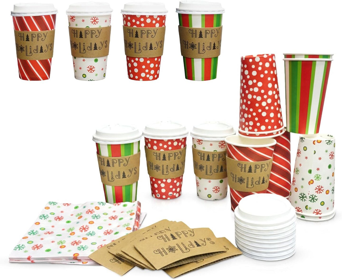 4E's Novelty 12-Pack Christmas Paper Cups with Lids, Sleeves & Napkins, 16 oz Holiday Drink Set
