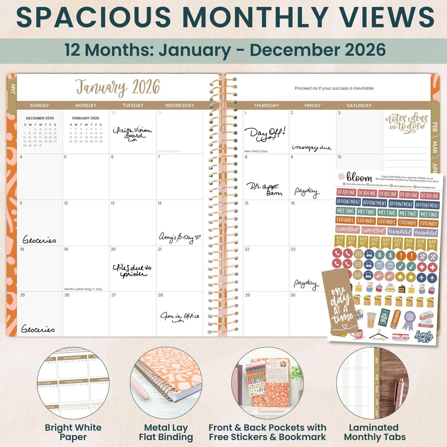 bloom daily planners 2026 Soft Cover Weekly & Monthly Planner, 8.5" x 11", Moments of Grace