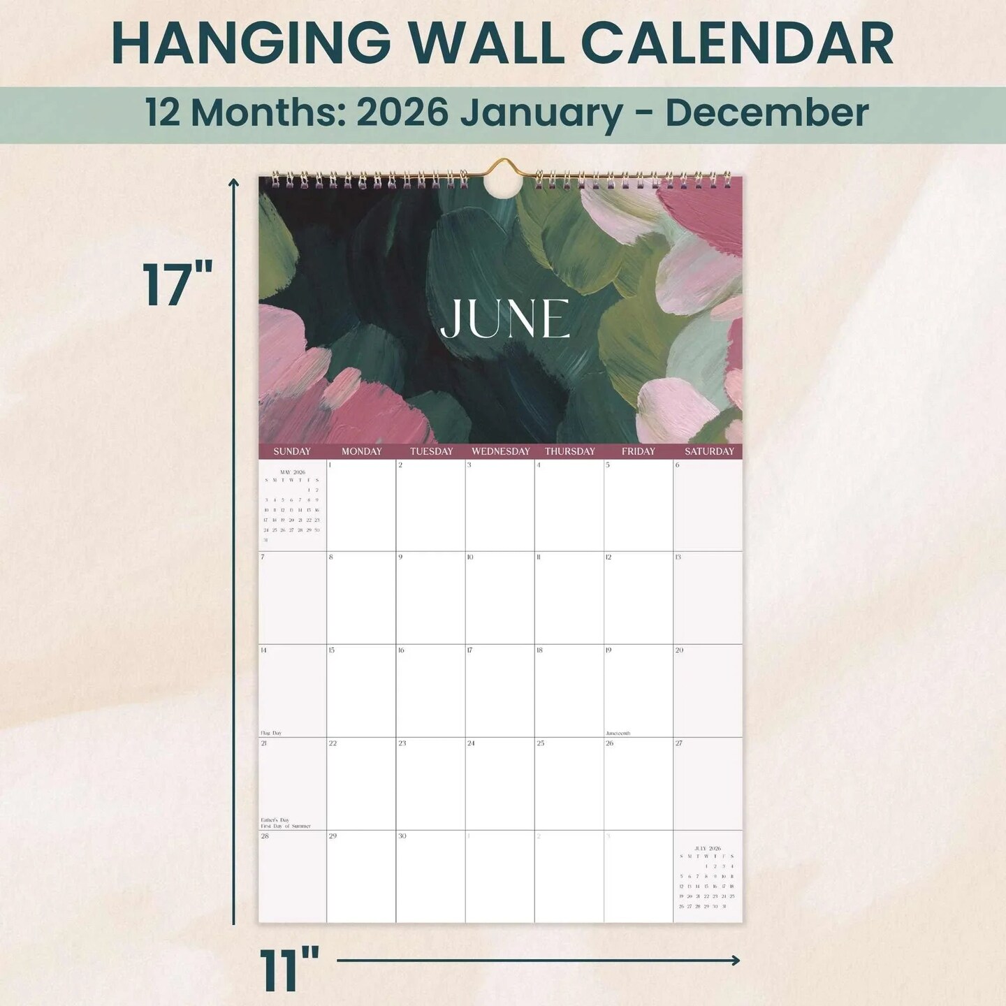 bloom daily planners 2026 Hanging Calendar, 11" x 17", Paint Strokes
