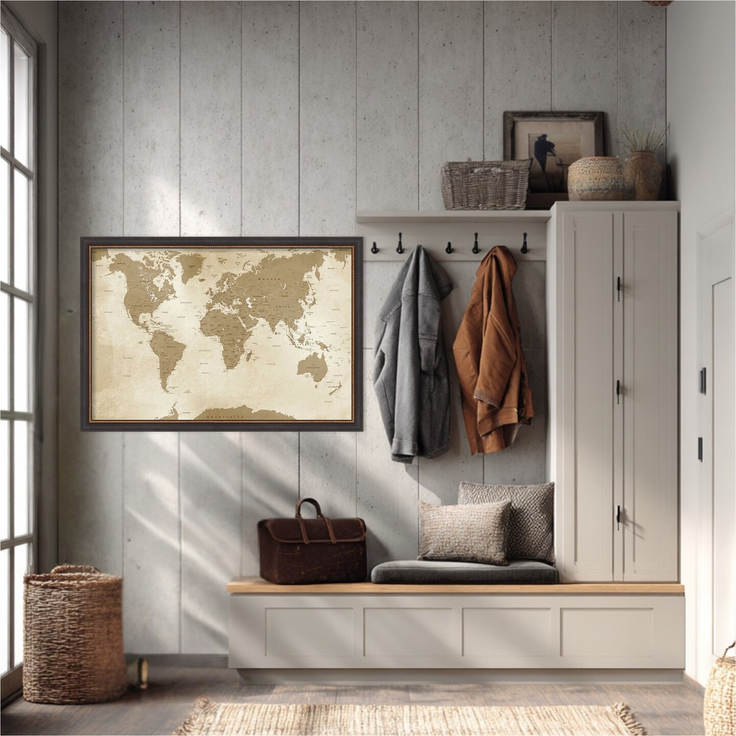 Amanti Art Framed Fabric Pinboard Antique Style World Map Printed Bulletin Board for Use as a Vision Board or Wall Organization