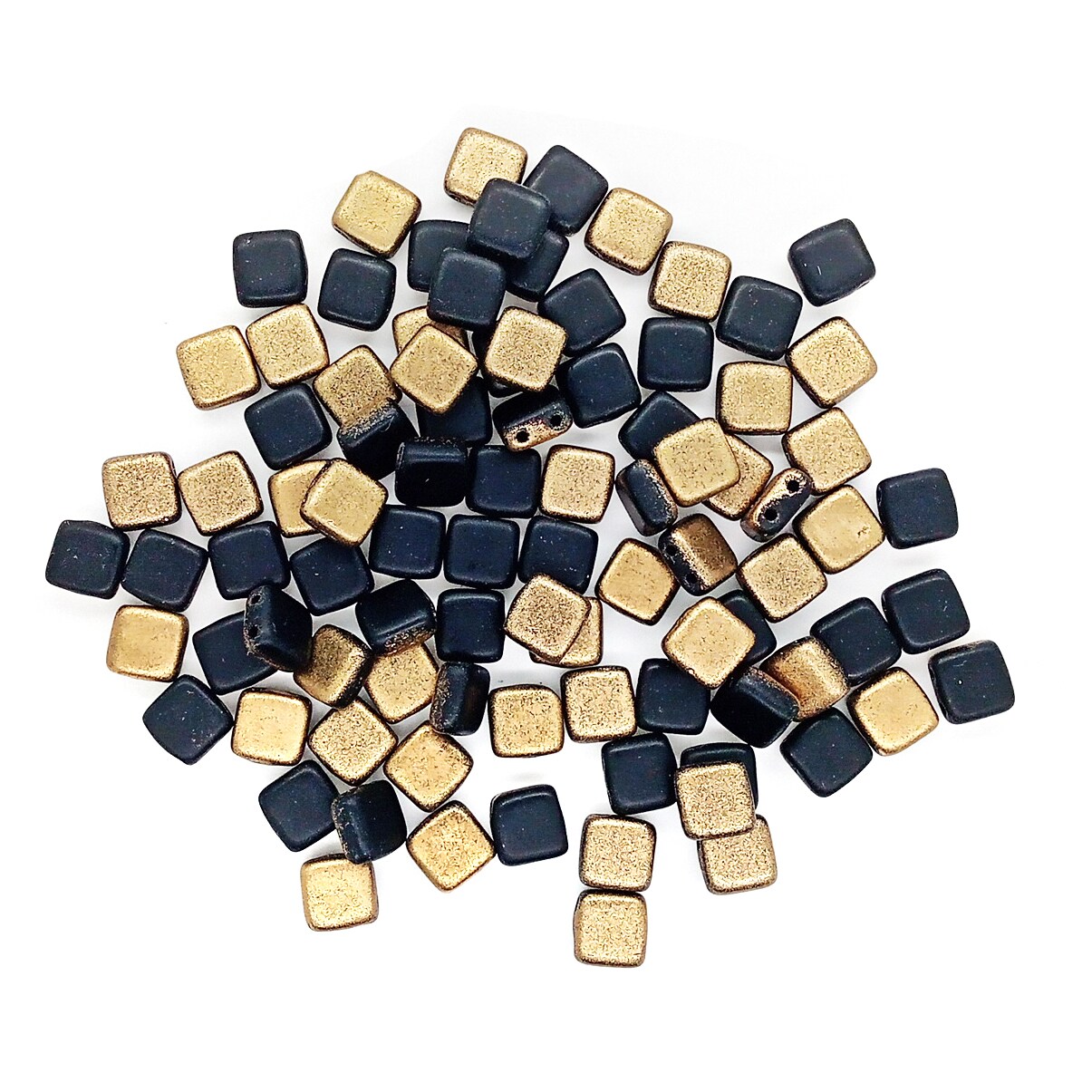 Czech Glass Tile Beads, 50 pc, 6mm Two-tone Black & Gold Metallic, Adorabilities