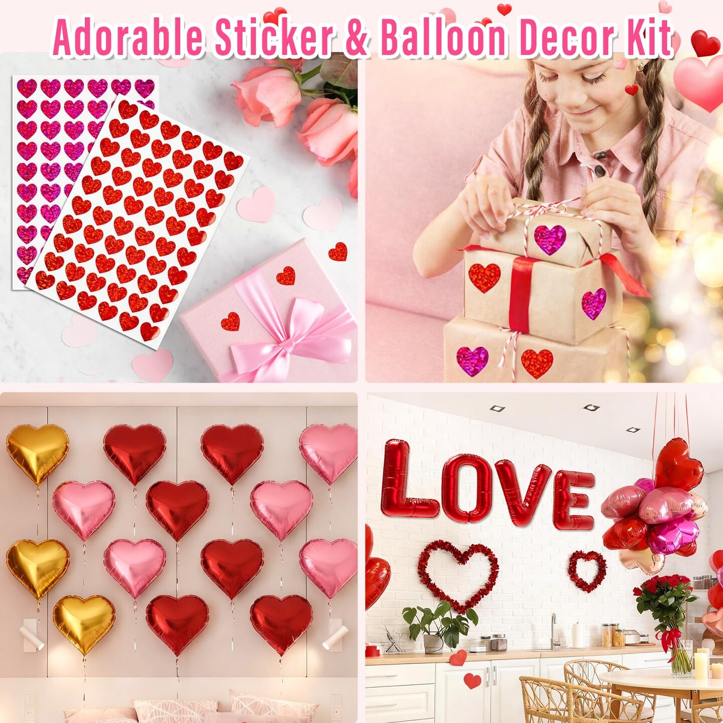 Valentine Decorations Set of 4 Double-Sided Valentine's Day Throw Pillow Covers 18" x 18", Reversible 8 Designs, with 16 pcs Heart & Love Balloons, Stickers, Complete Valentines Decor Kit