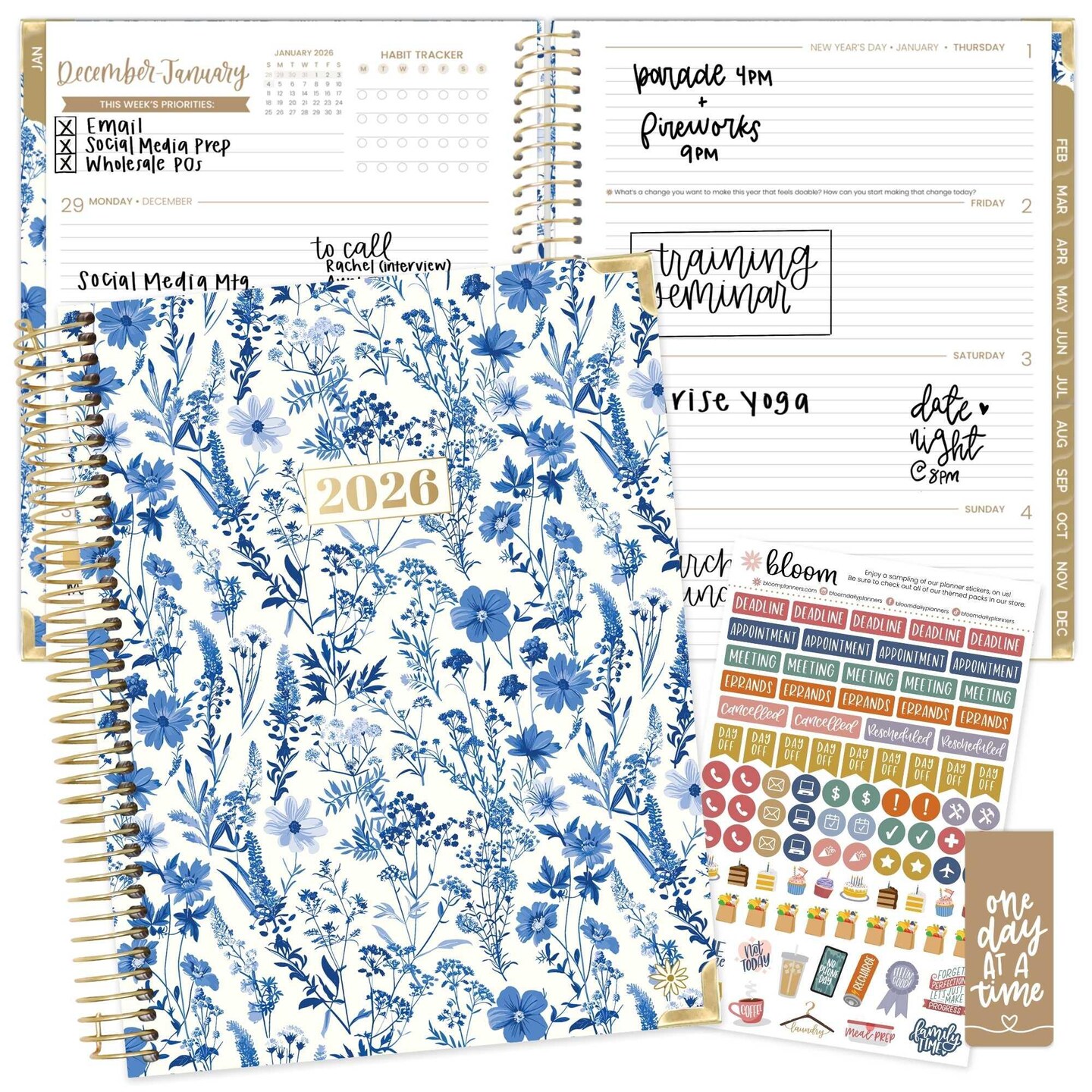 bloom daily planners 2026 Hard Cover Weekly & Monthly Planner, 8.5" x 11", Blue & White Floral