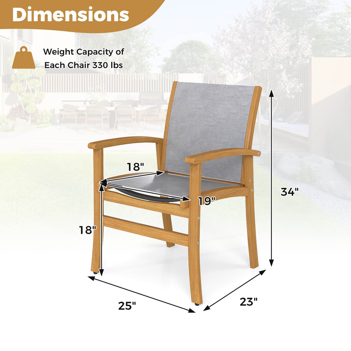 Costway 2/4 PCS Outdoor Dining Chairs Acacia Wood Patio Chairs with Breathable Fabric Seat Brown/Yellow