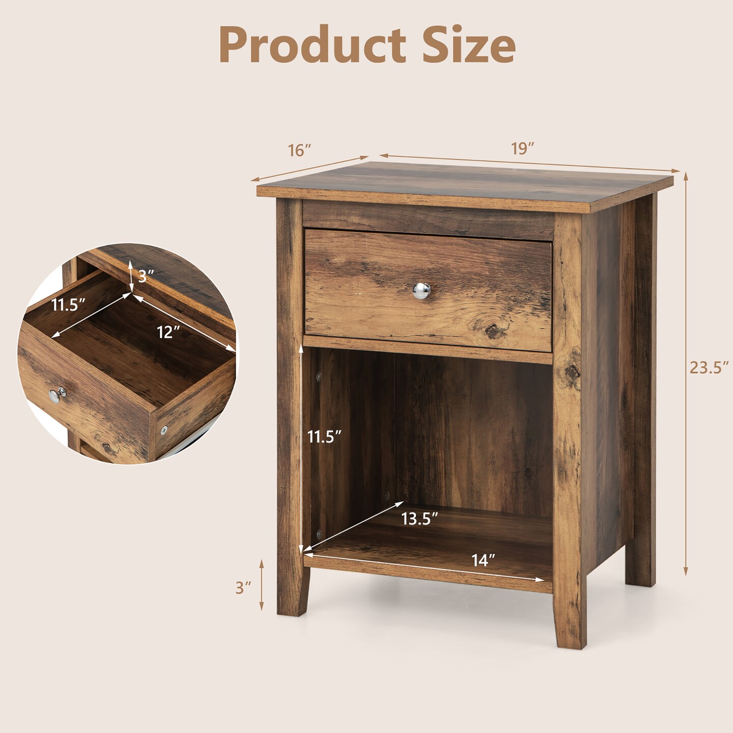 Costway Nightstand Bedside Table with Drawer & Open Shelf for Living Room Bedroom Walnut/Brown