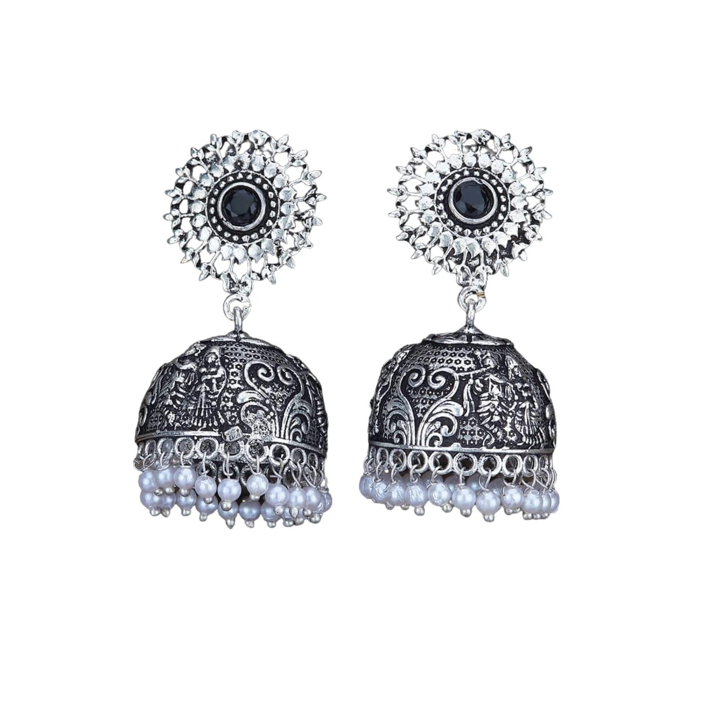 Indian Oxidized Jhumka Earrings for Women - Indian Floral Oxidized Jhumki Ethnic Chandbali Earrings Faux Pearls with Oxidized Platting Bollywood Style Dangle Earring Jewelry for Bride