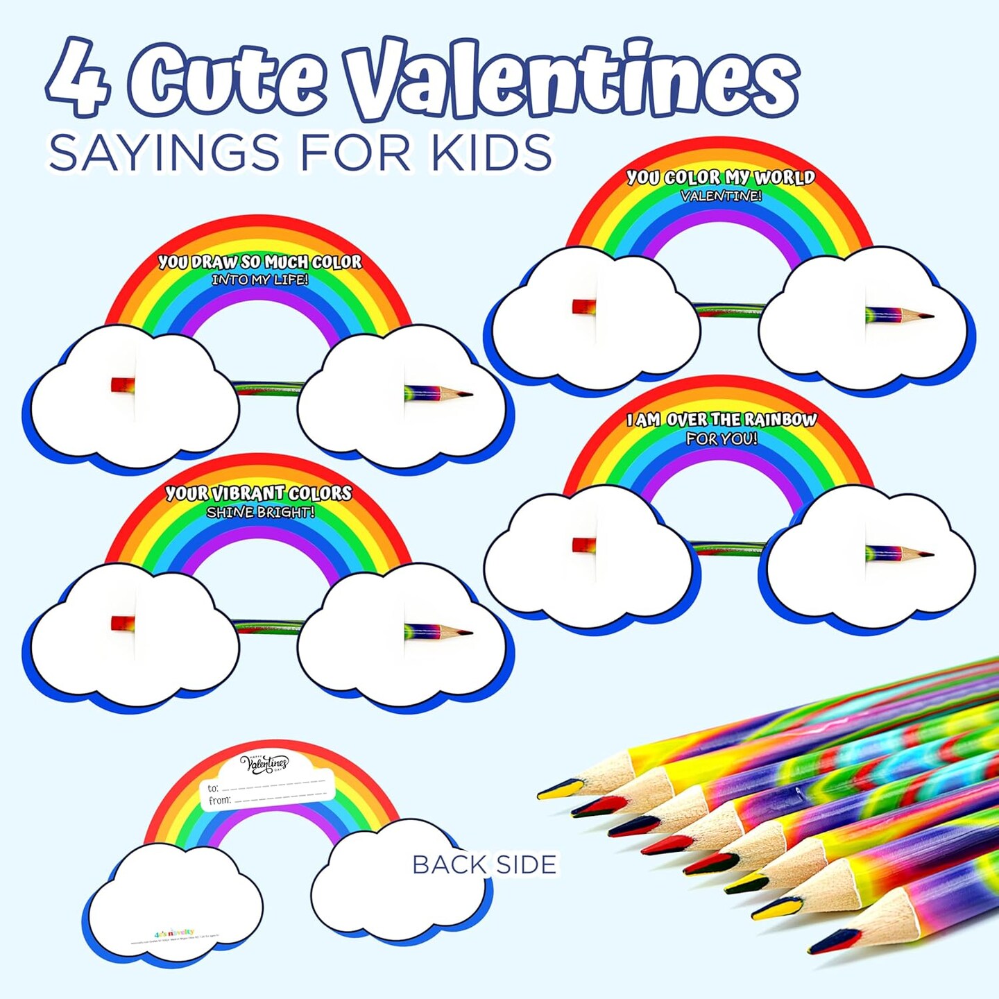 4E's Novelty Rainbow Pencil Set 36 Pack with Valentine’s Day Cards – Ready Sharpened Multicolor Wooden Pencils, Kids Classroom Valentine Exchange, Candy Alternative Party Favors