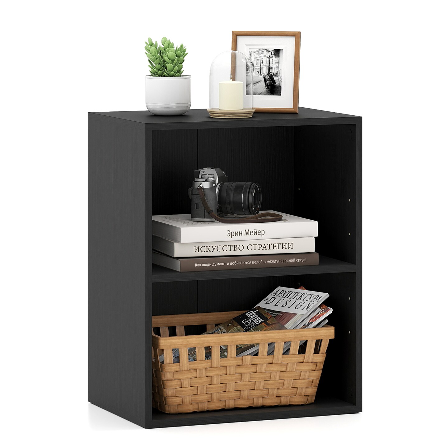 2-Tier Adjustable Cube Bookshelf, Rustic Engineered Wood Storage Organizer, Modern Display Shelf