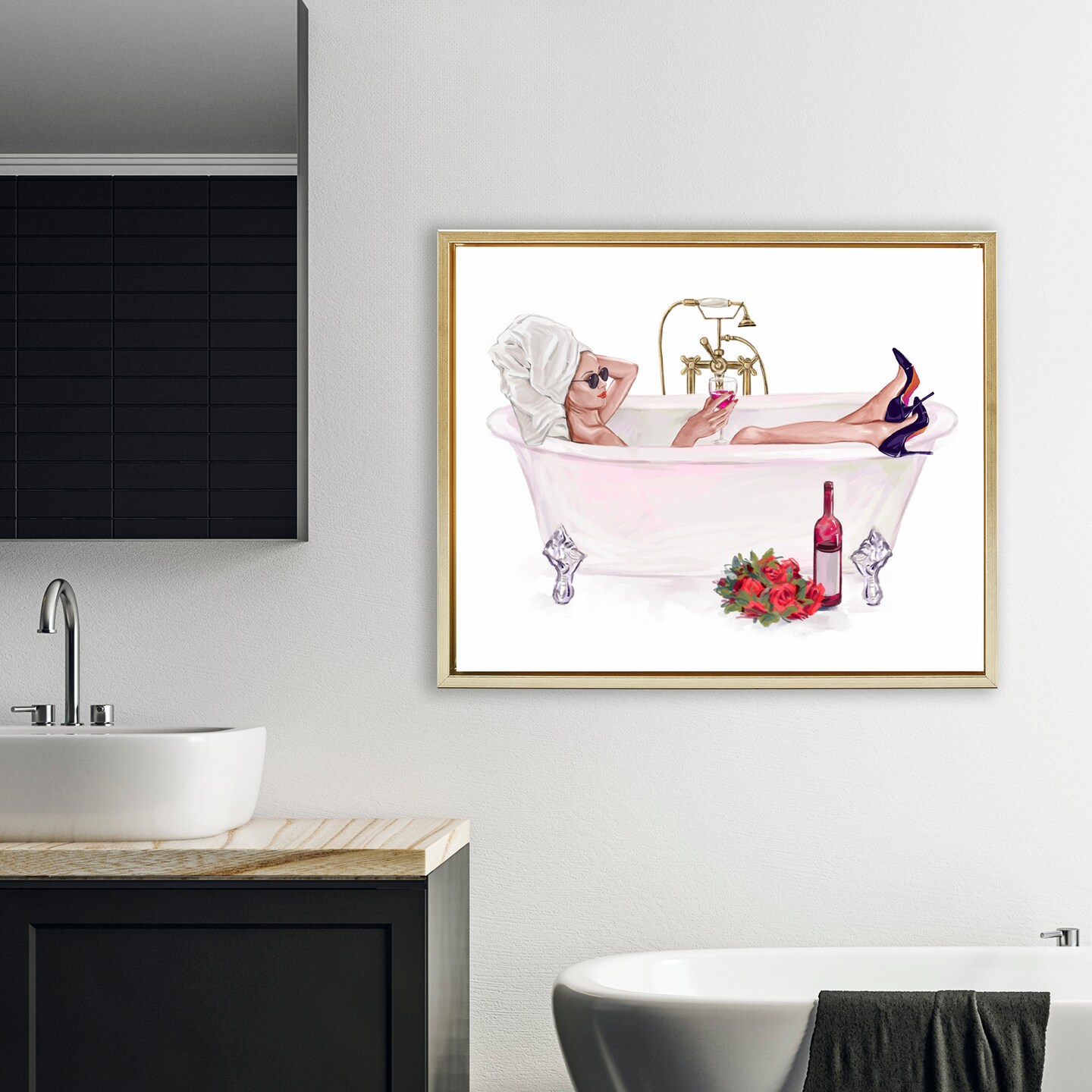 Stupell Industries Woman with Wine Bath Floating Frame, design by Ziwei Li