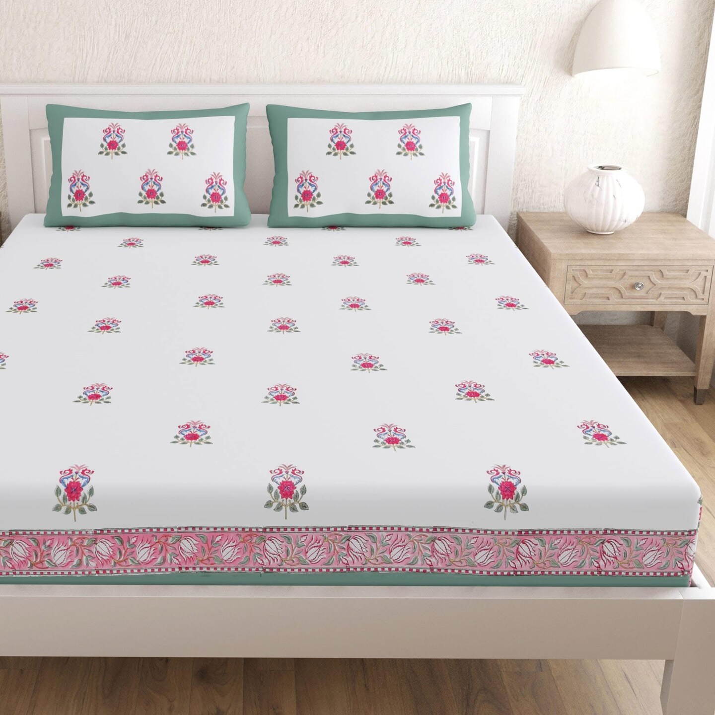 Cotton Floral Print Indian Ethnic Bedsheets 150 Thread Count 3 Pcs Fitted Sheet Set 100% Premium Soft & Breathable Bedding Set Home Decor Sheets (king, Queen)