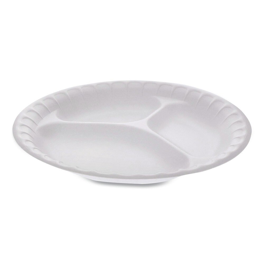 Pactiv Corp. Placesetter 9 in. Diameter 3-Compartment Plate Satin Non-Laminated Foam Dinnerware - White (500/Carton)