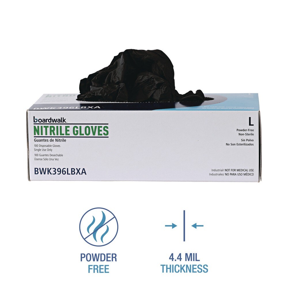 Boardwalk 4.4 mil Disposable General-Purpose Powder-Free Nitrile Gloves - Large, Black (100/Box)