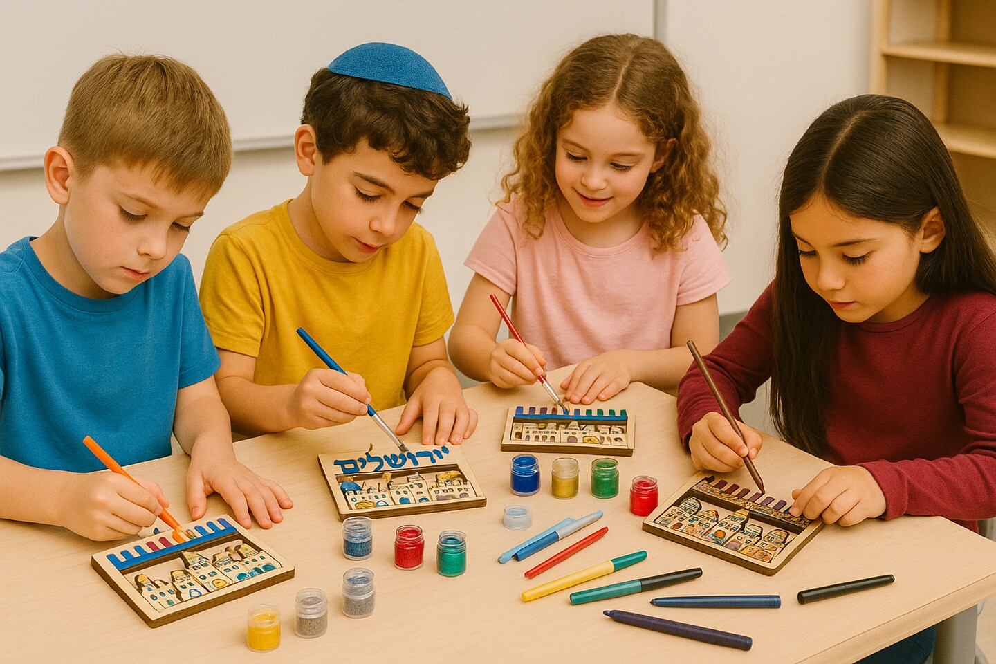 Wooden Menorah with Yerushalayim Design – DIY Hanukkah Craft Decoration, 5" x 9"