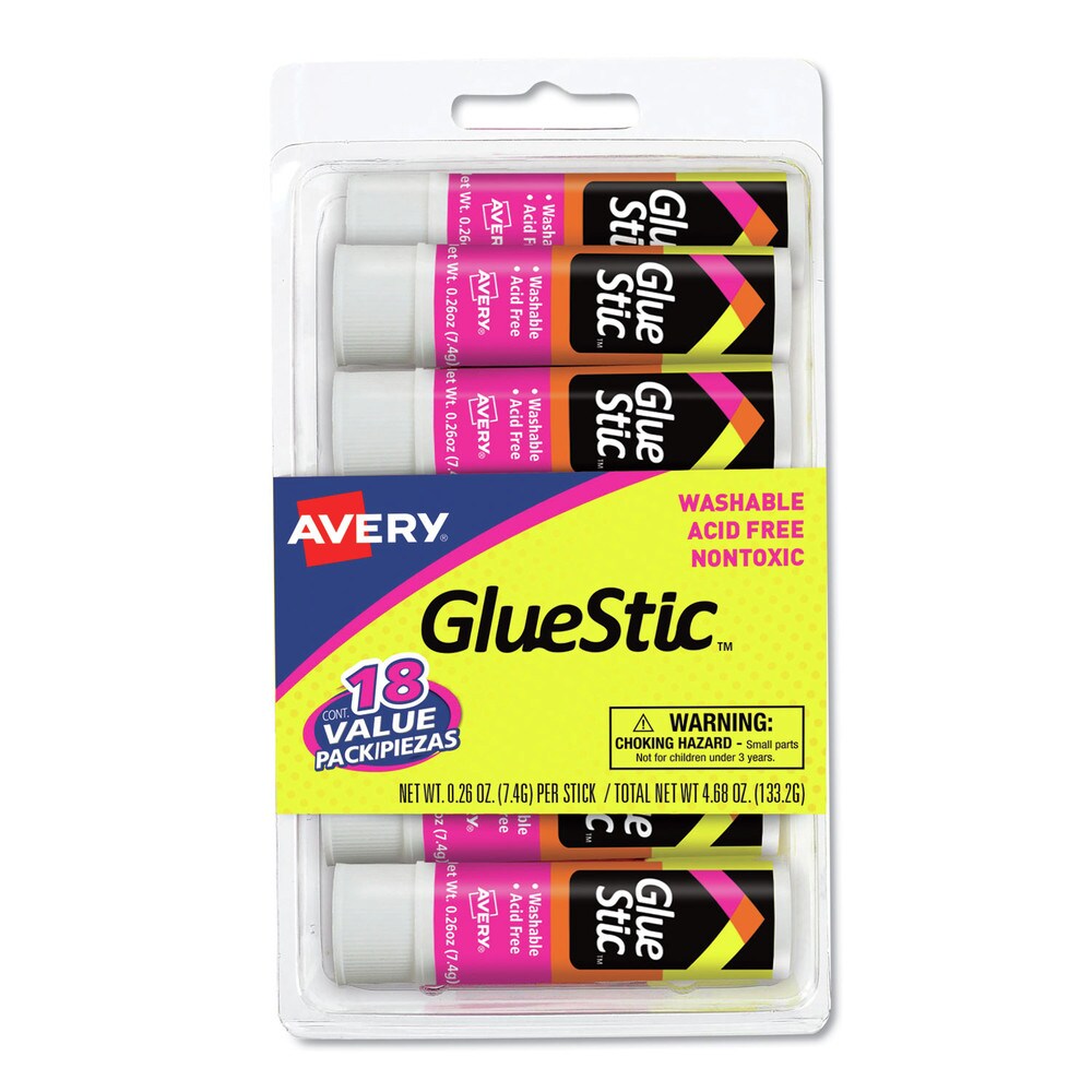 Avery 0.26 oz Applies White and Dries Clear Permanent Glue Stic Value Pack (18/Pack)