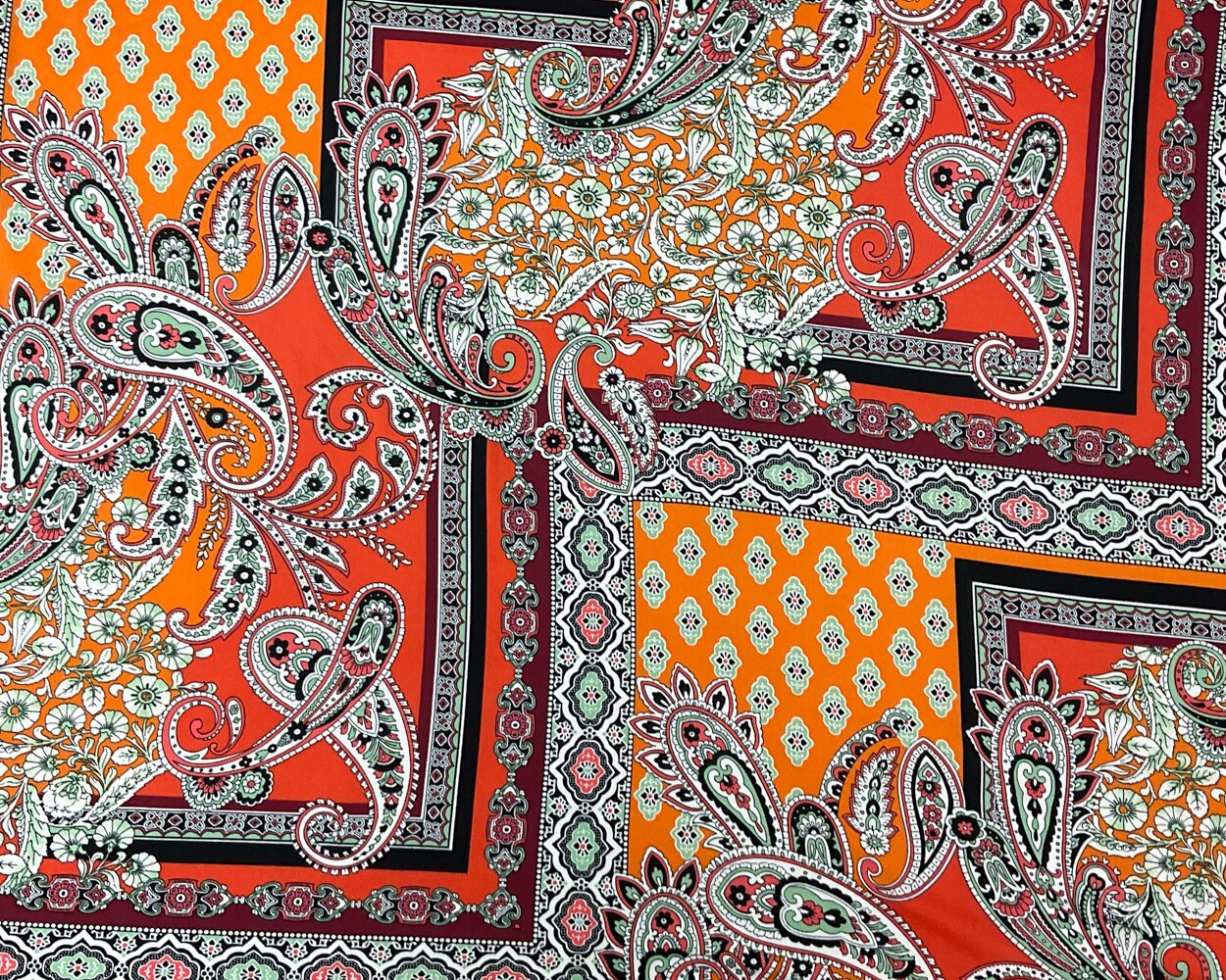Orange-Multi Poly Spandex Stretch Paisley Print Double Brush Jersey Knit Fabric By the Yard