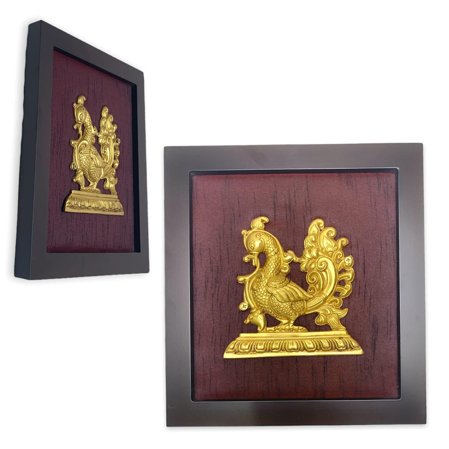 Annam Wall Hanging with Frame in Brass Modern Wooden Framed Artwork Ready to Hang Peacock Showpiece Indian Handicraft for Home Office Housewarming Gift