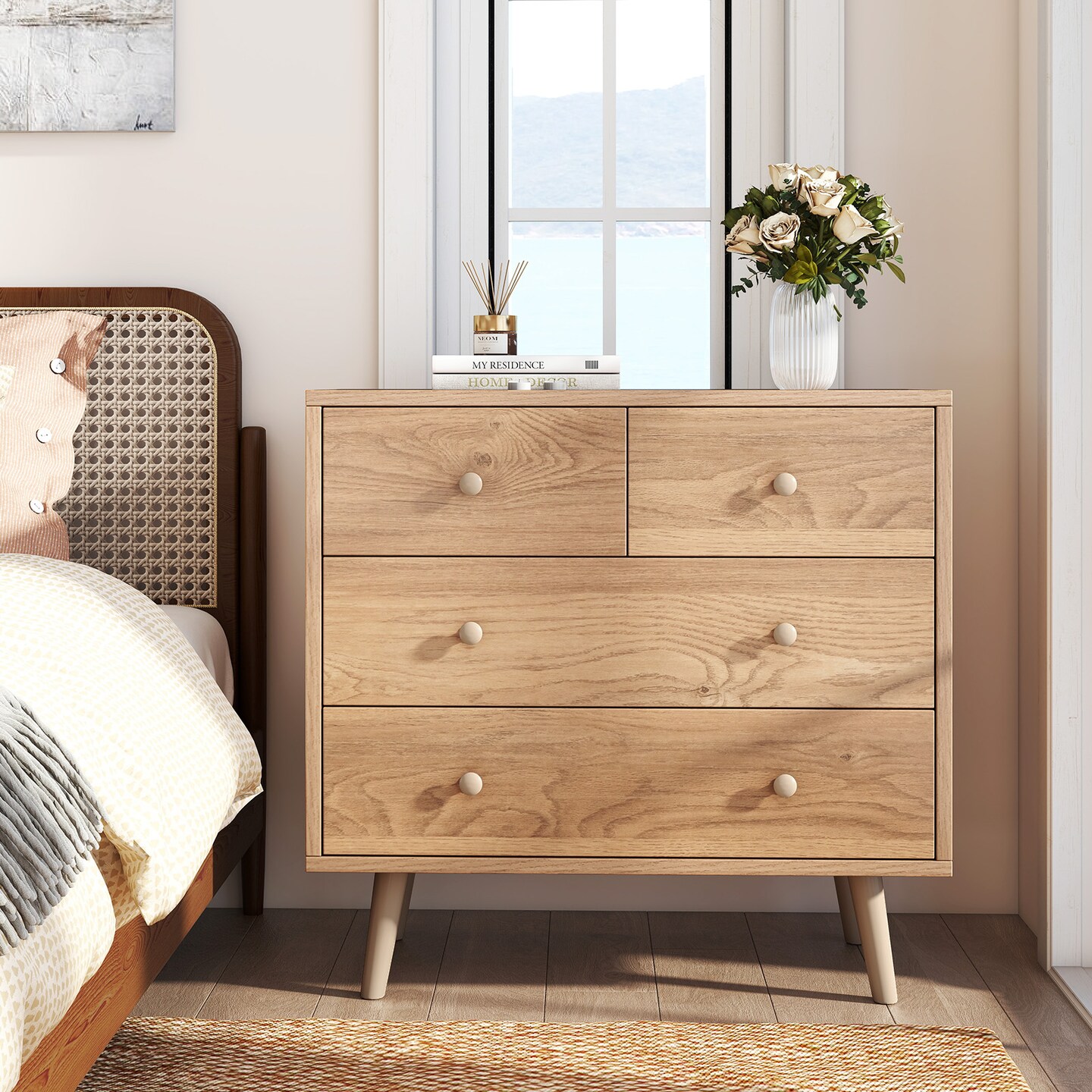 Wide 4-Drawer Wooden Dresser with Smooth Slides and Sturdy Construction for Bedroom
