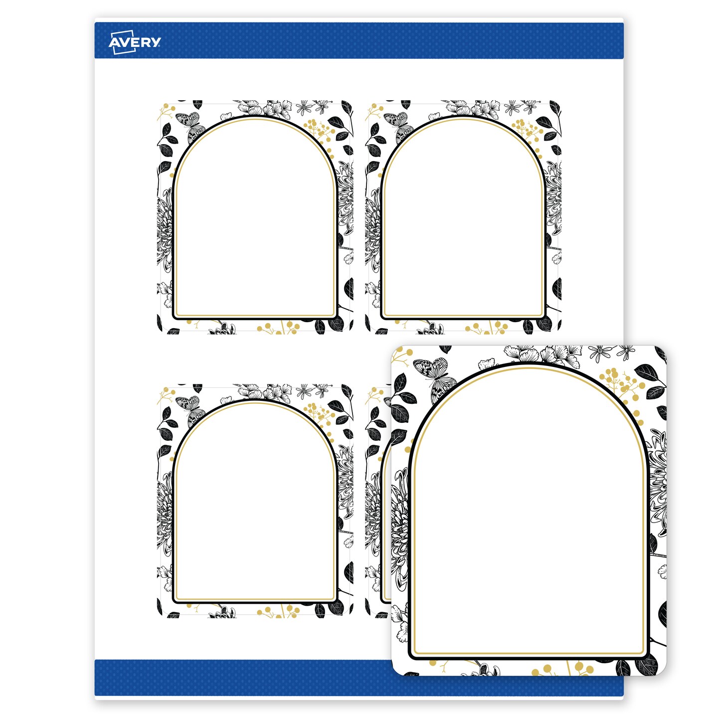 Avery Printable Rectangle Labels with Sure Feed Technology, 4" x 3-1/3", Pre-printed Arched Gold & Black Florals Design, Matte White, Laser & Inkjet Compatible, 40 Total