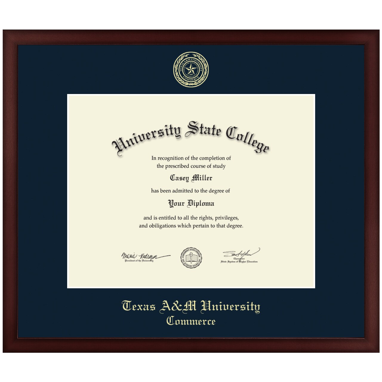 Framerly - Texas A&M University - Commerce 14"w x 11"h Diploma Frame - Gold Embossed - Cherry Moulding with Navy Matting