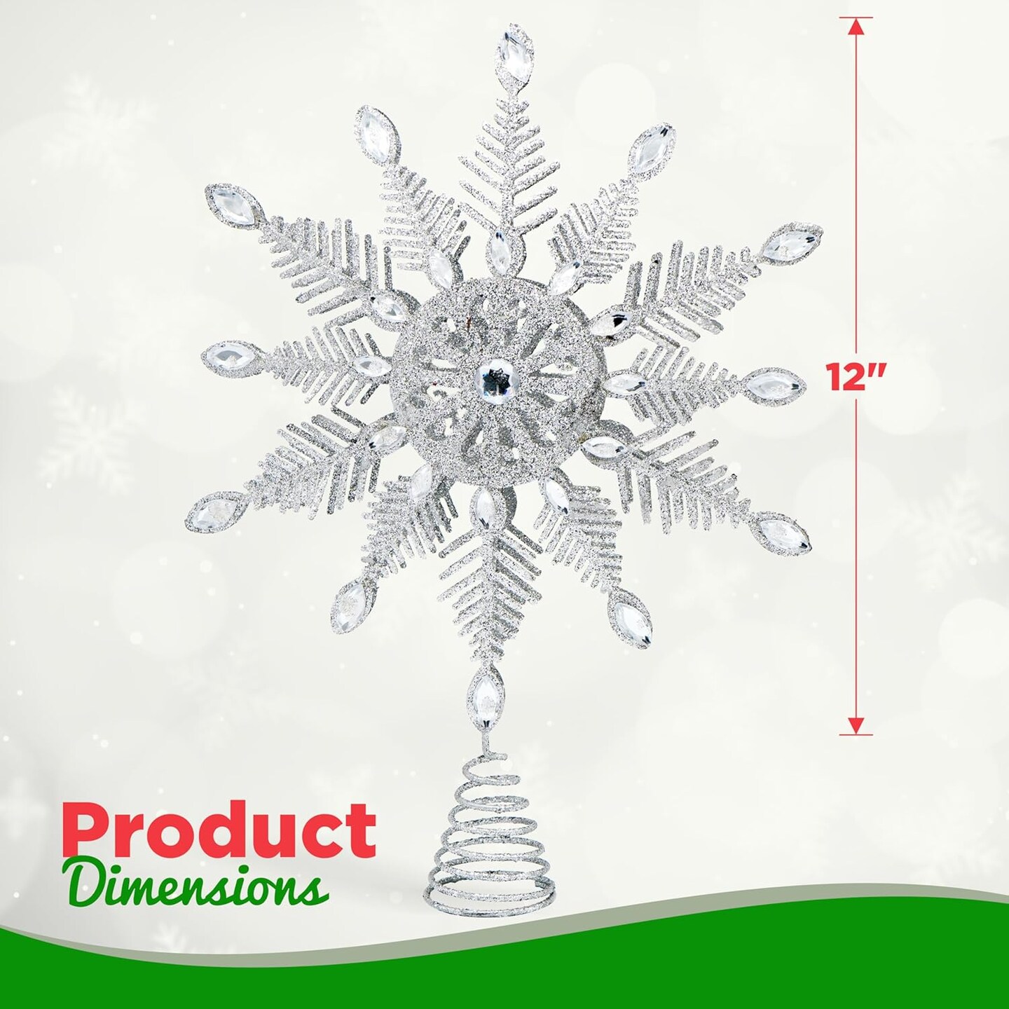4E's Novelty 12" Silver Glitter Snowflake Tree Topper – Metal Christmas Star with Gems