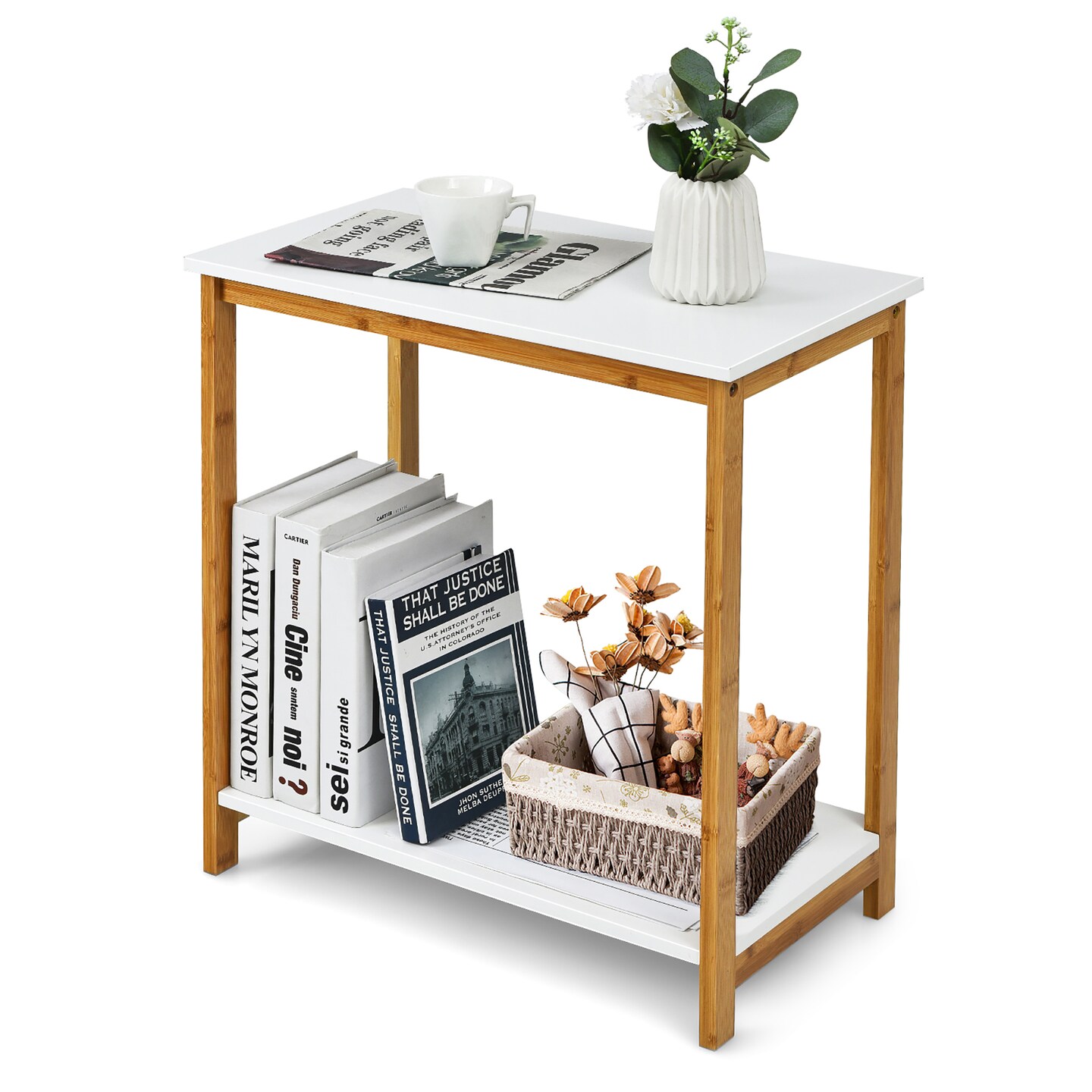 Costway 23'' Height 2-tier Side End Table with Bamboo Frame Modern Compact Nightstand