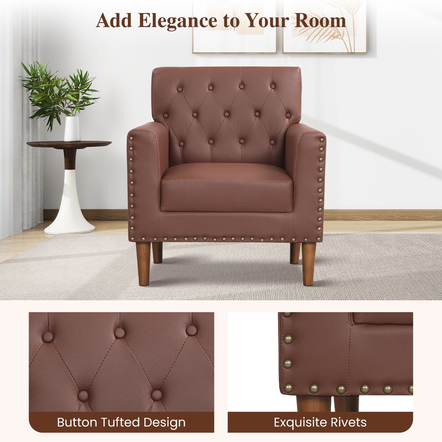 Tufted Faux Leather Accent Chair with Rubber Wood Legs – Modern Armchair with 5'' Thick Cushion